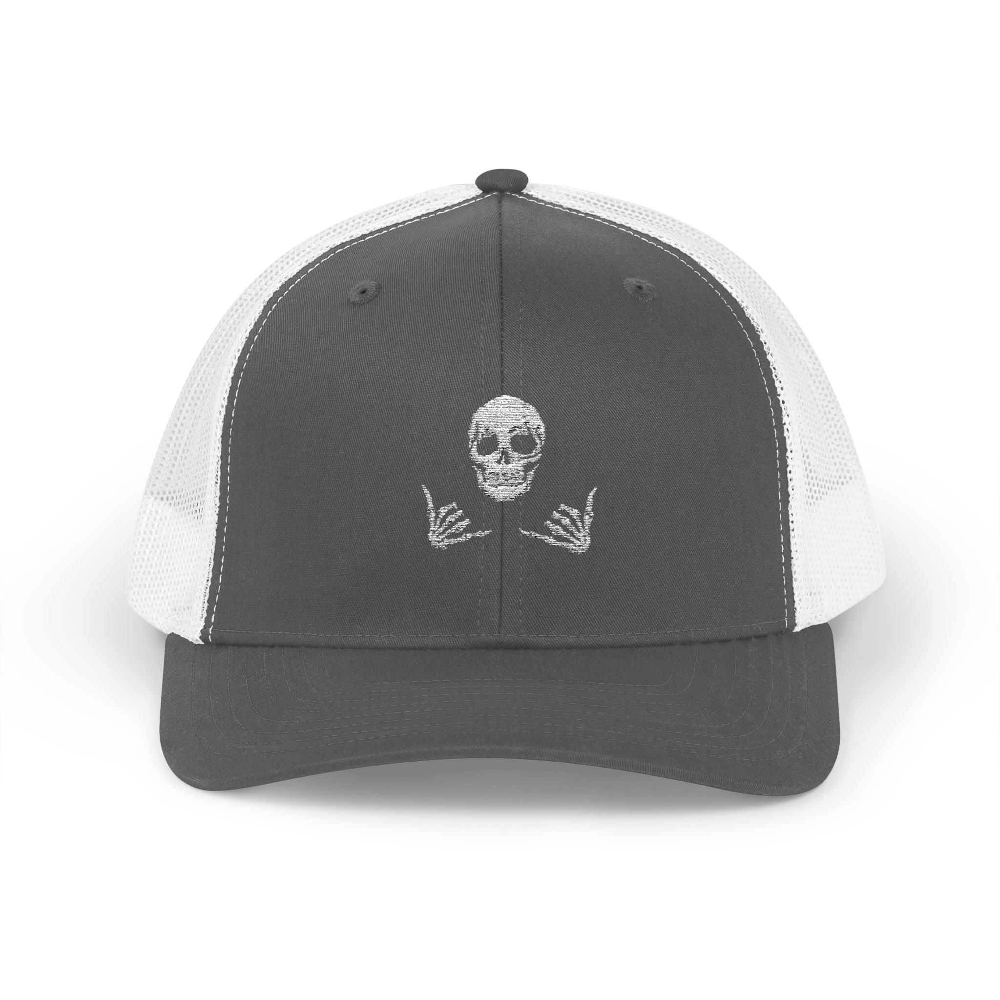 Skull Shaka Snapback Trucker Cap — Rhinestone Skull & Shaka Hands Trucker Hat