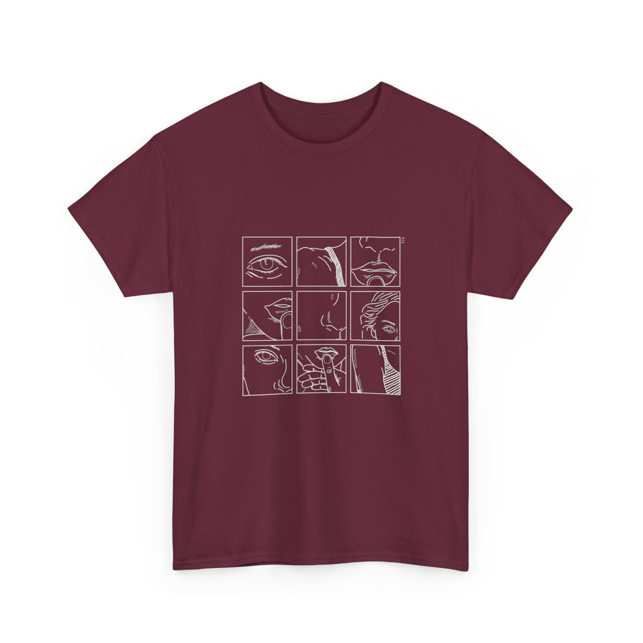 Graphic Tee — 'Here' Block Letter Design with Abstract Faces