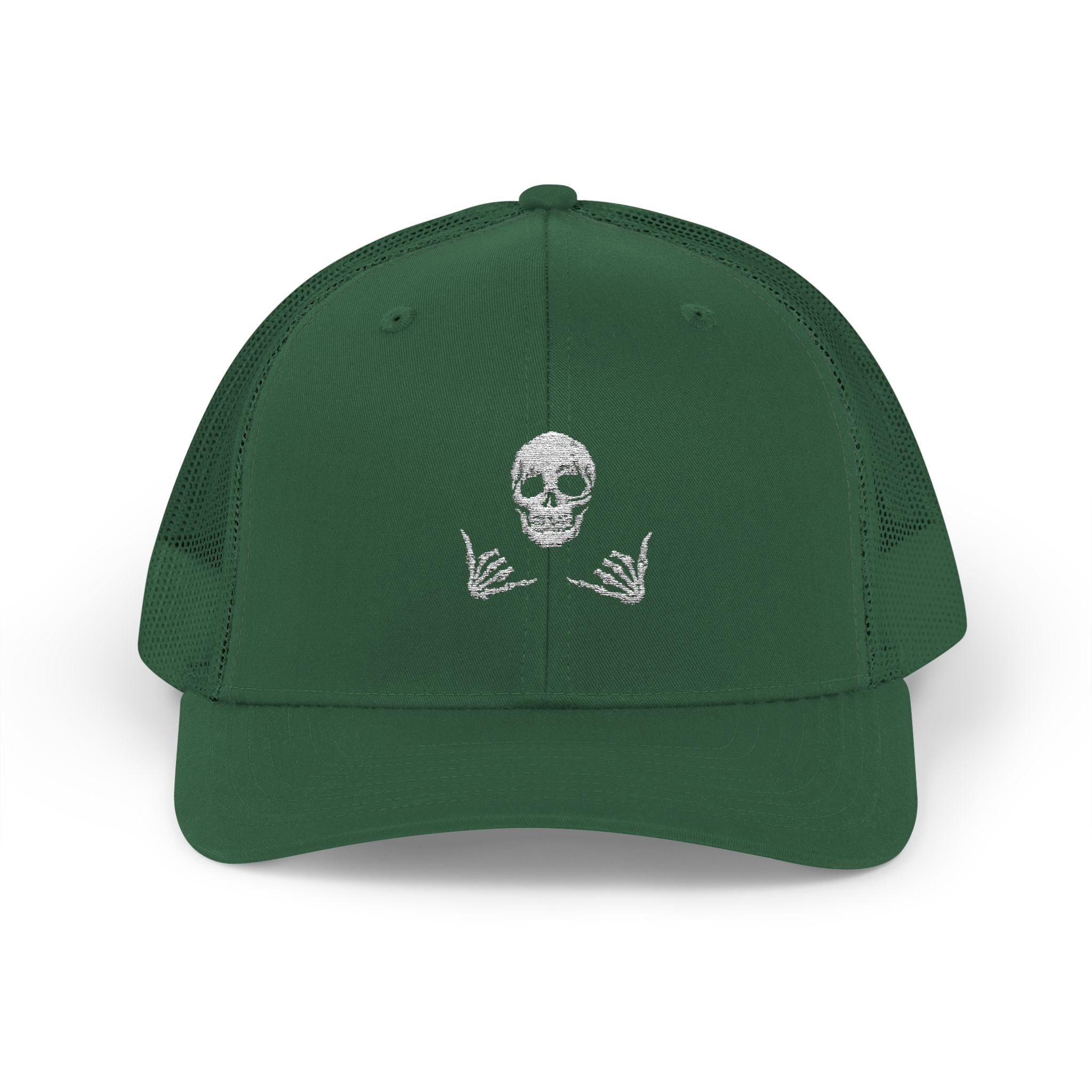 Skull Shaka Snapback Trucker Cap — Rhinestone Skull & Shaka Hands Trucker Hat