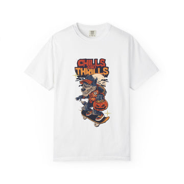 Chills and Thrills Graphic T-Shirt, Unisex Tee, Halloween Apparel, Skateboarder Shirt, Spooky Casual Wear, Perfect Gift for Fall