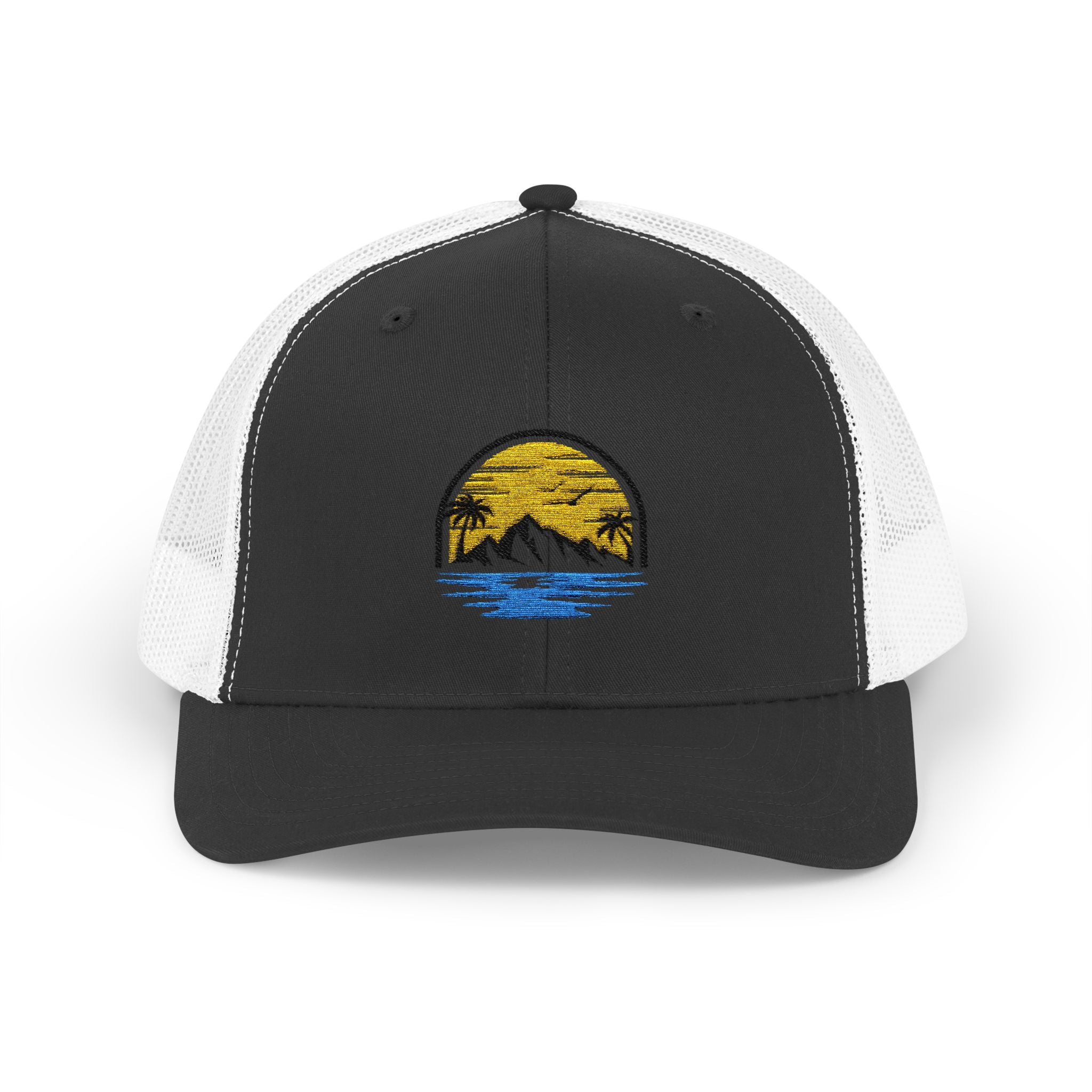 Trucker Cap — Embroidered Sunset Mountain & Ocean Patch