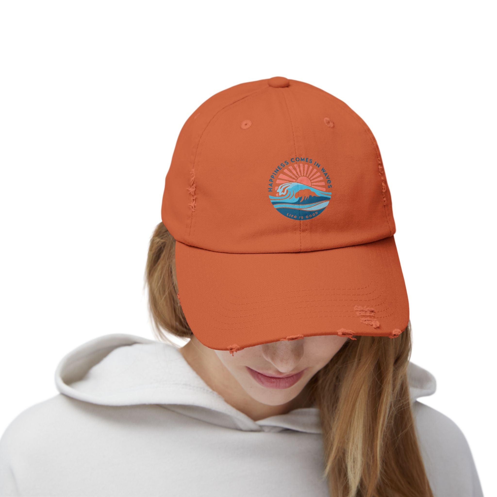 Distressed Black Cap — 'Gone to the Beach' Retro Sunrise Embroidered Hat