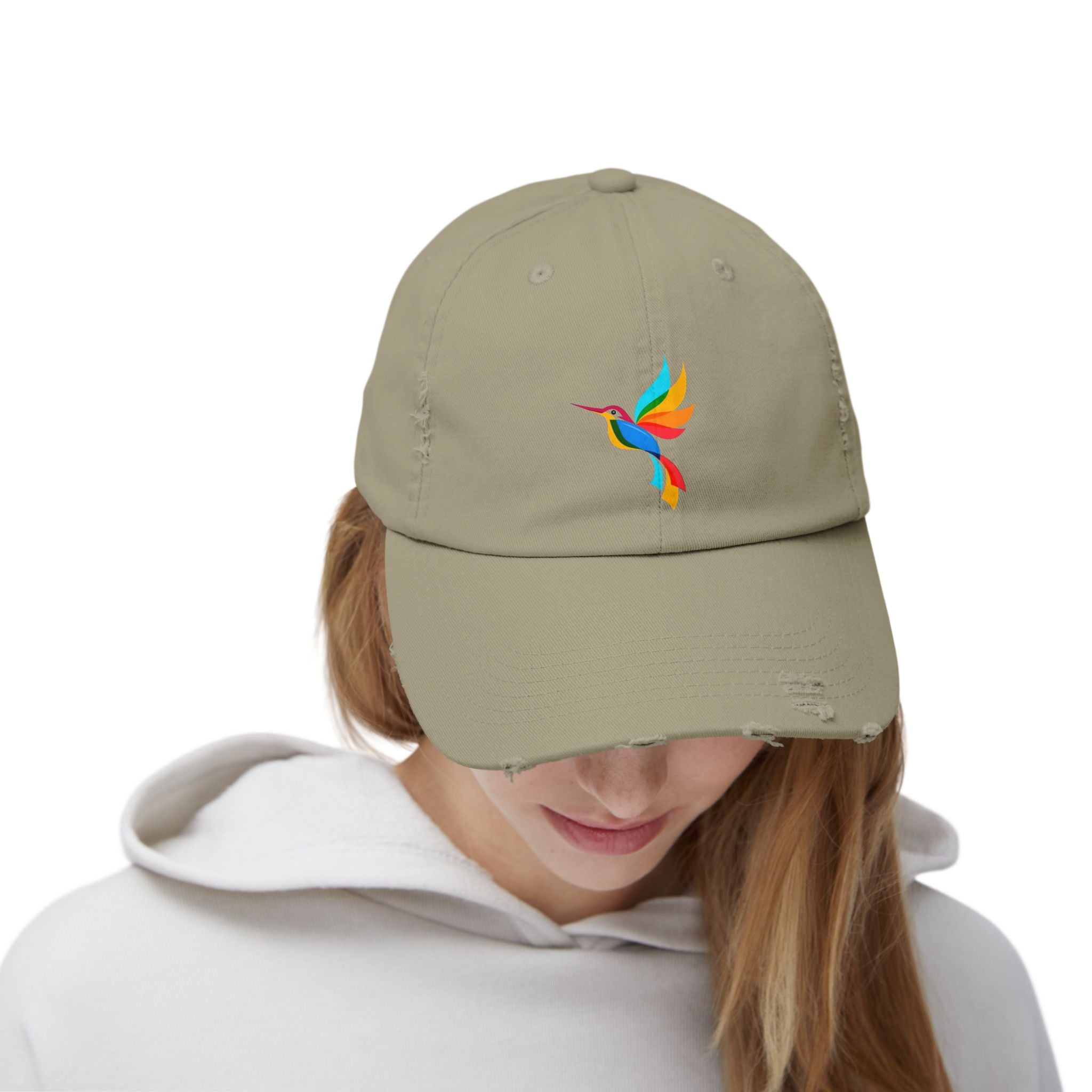 Colorful Hummingbird Unisex Distressed Cap, Casual Summer Hat, Trendy Dad Hat, Outdoor Accessories, Gift for Nature Lovers