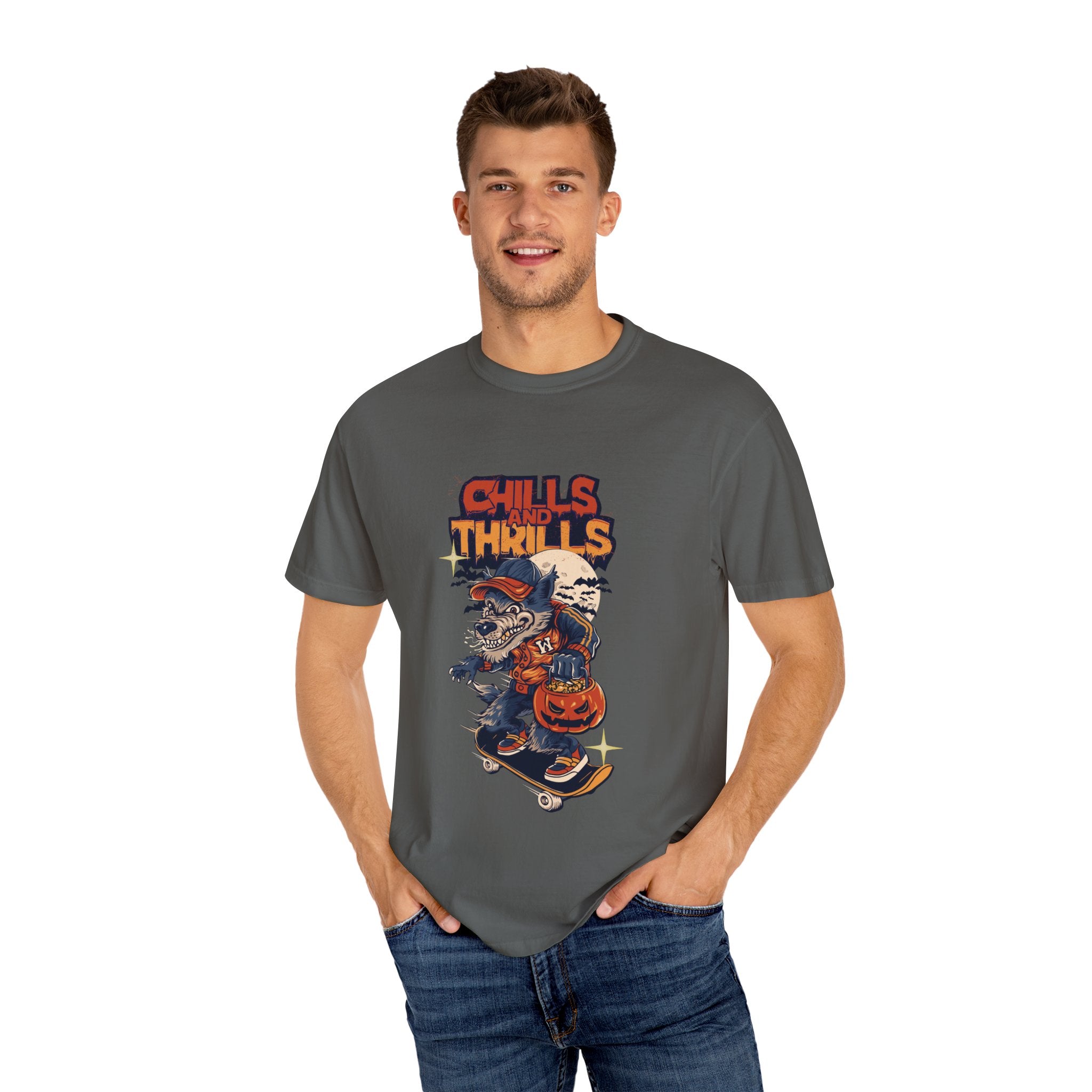 Chills and Thrills Graphic T-Shirt, Unisex Tee, Halloween Apparel, Skateboarder Shirt, Spooky Casual Wear, Perfect Gift for Fall