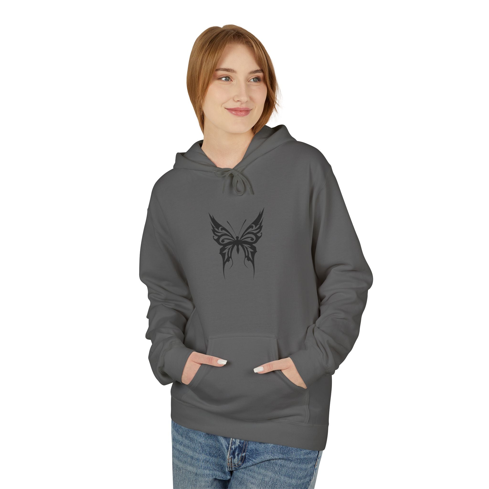 Butterfly Tribal Hoodie — Minimal Black Chest Tattoo Design