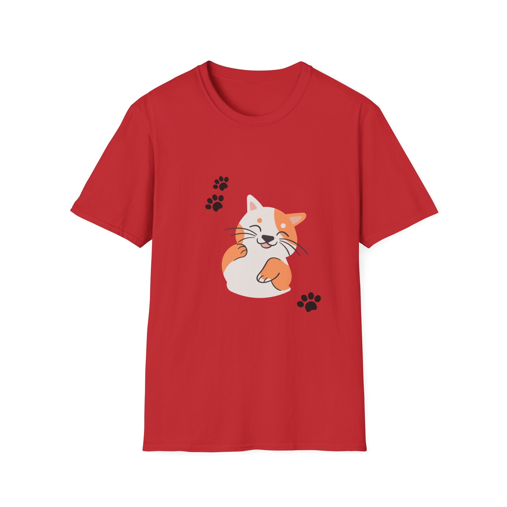Cute Paw-Print Cat T-Shirt — Smiling Calico Kitten Graphic Tee for Cat Lovers