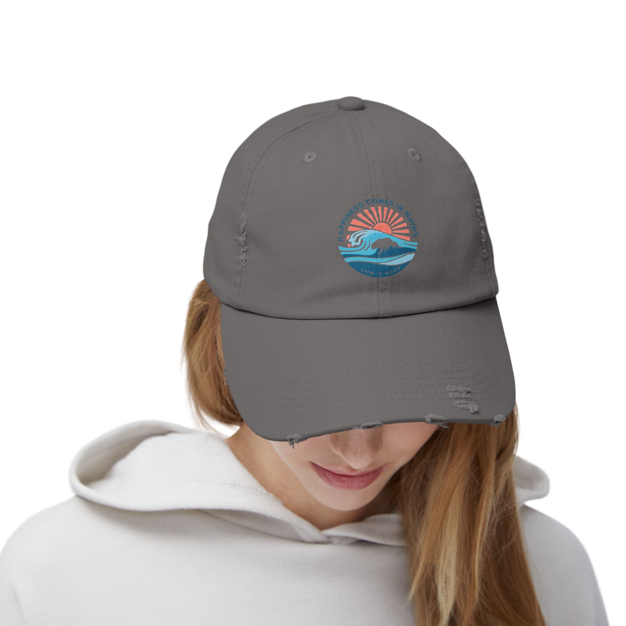 Distressed Black Cap — 'Gone to the Beach' Retro Sunrise Embroidered Hat