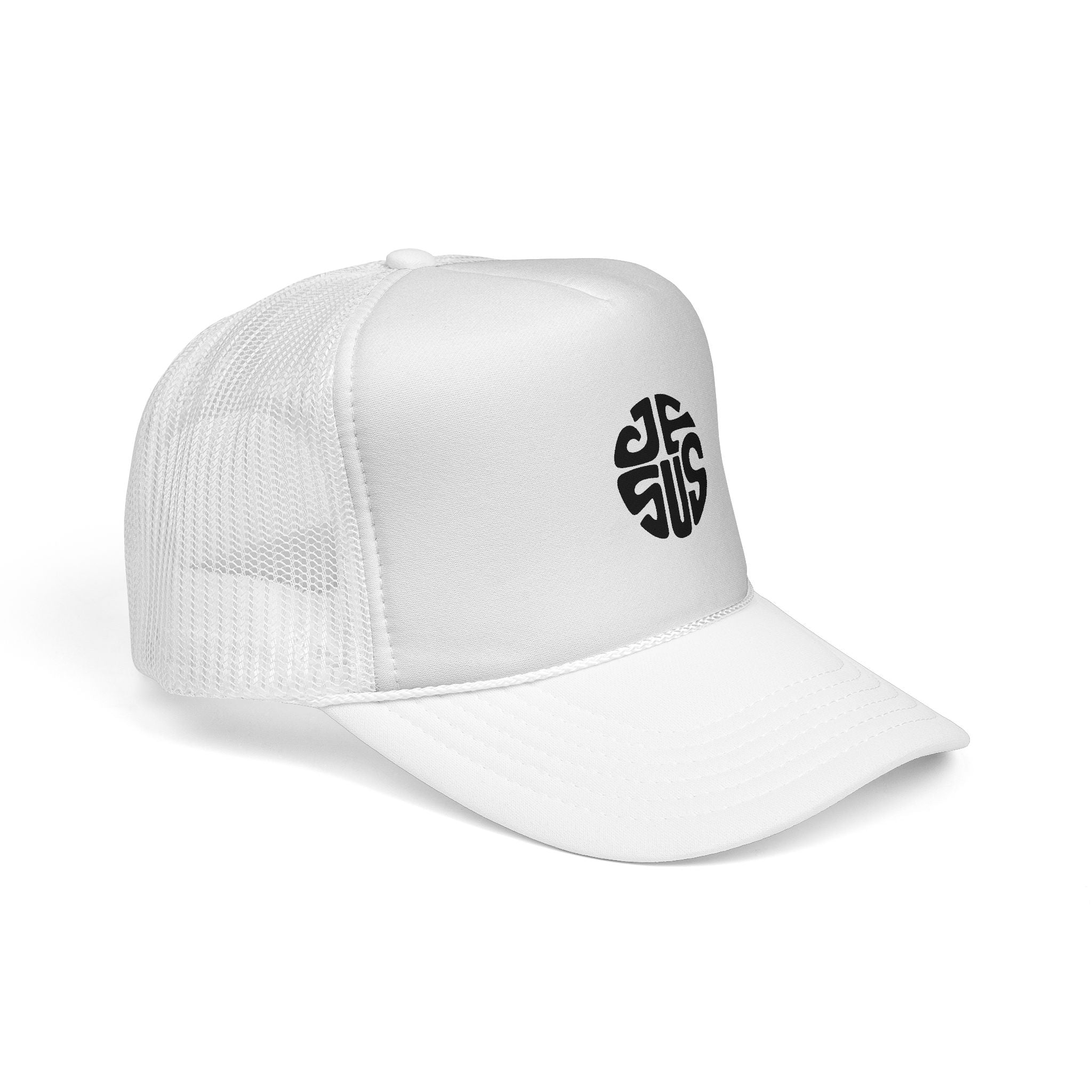 Trucker Cap — Retro Circular “JESUS” Logo Embroidered Hat