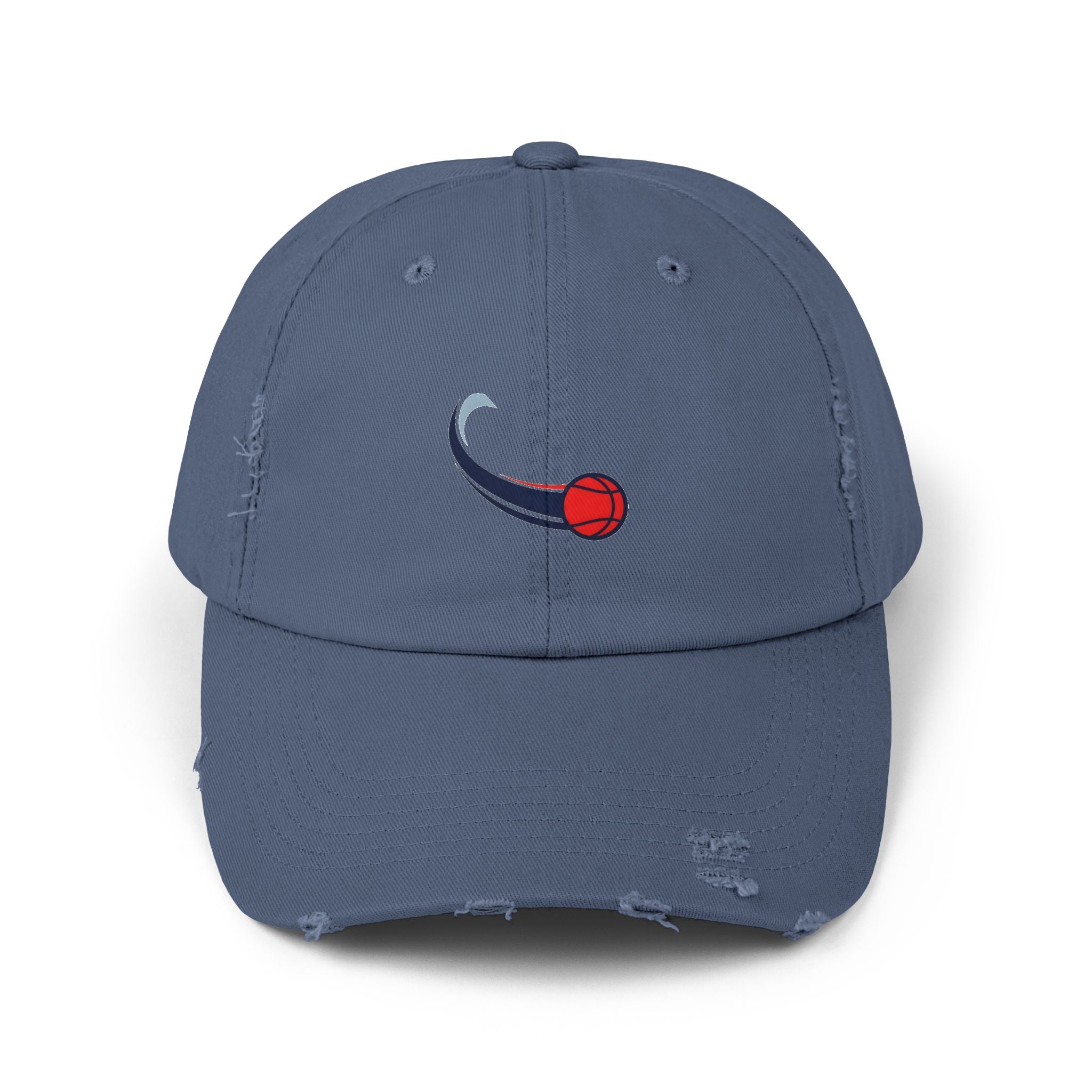 Distressed Baseball Cap with Red Swirl Ball Embroidered Design