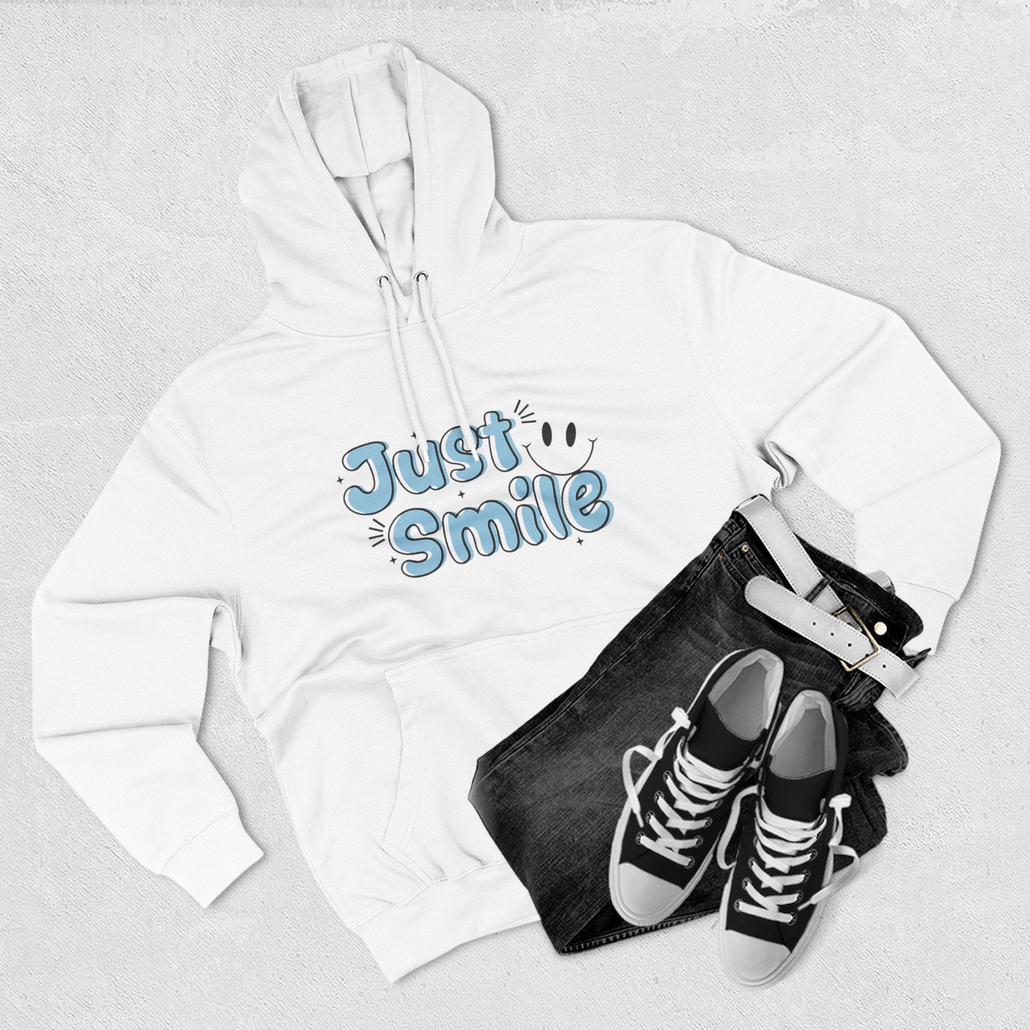Just Smile Three-Panel Fleece Hoodie, Cozy Hoodie, Gift for Her, Motivational Apparel, Casual Wear, Cute Sweatshirt