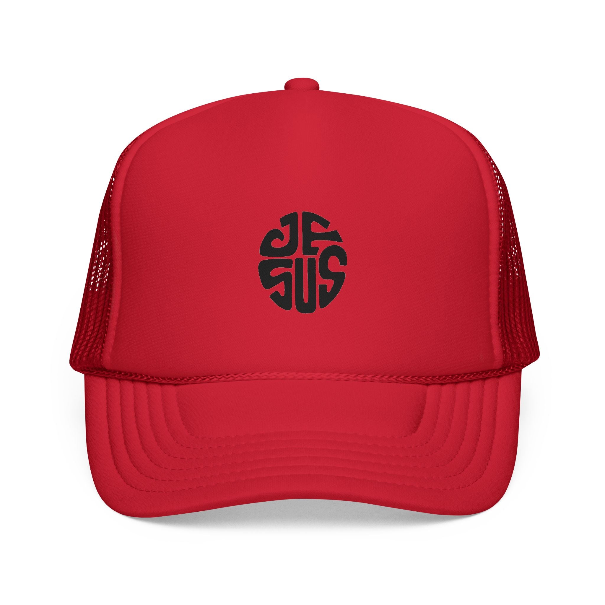 Trucker Cap — Retro Circular “JESUS” Logo Embroidered Hat