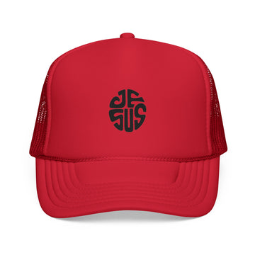 Trucker Cap — Retro Circular “JESUS” Logo Embroidered Hat