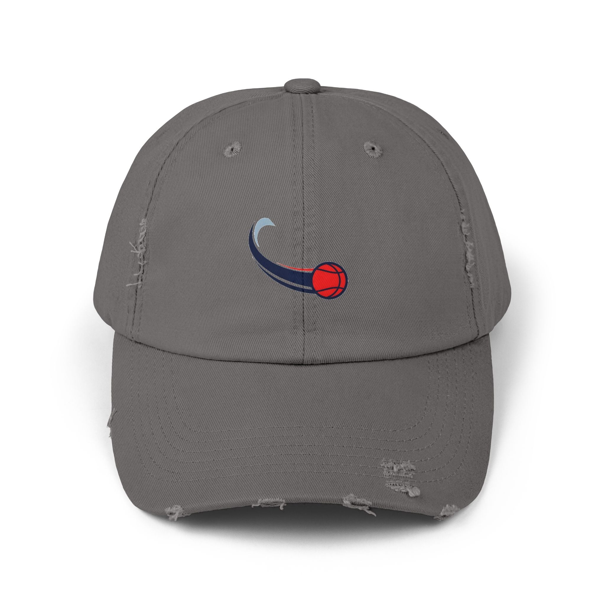 Distressed Baseball Cap with Red Swirl Ball Embroidered Design