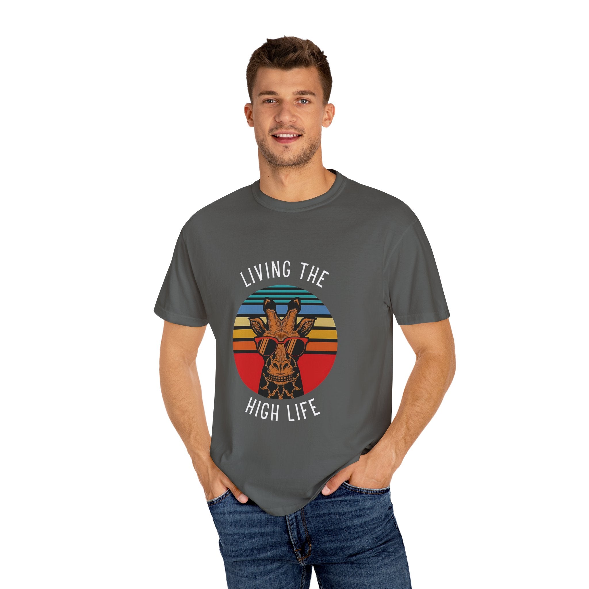 Living The High Life Giraffe T-Shirt | Unisex Garment-Dyed Tee, Trendy Animal Shirt, Birthday Gift, Casual Wear, Summer Style