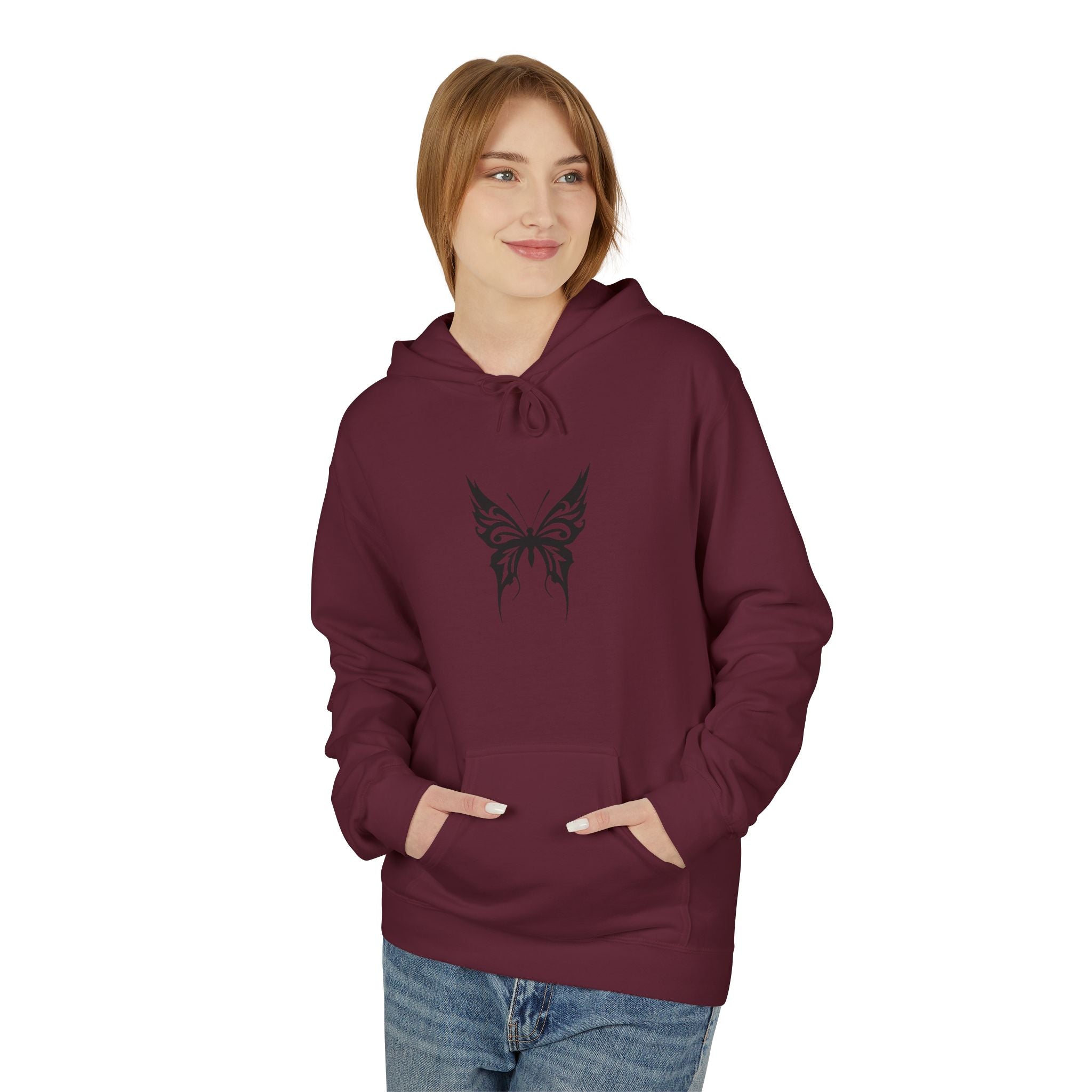 Butterfly Tribal Hoodie — Minimal Black Chest Tattoo Design