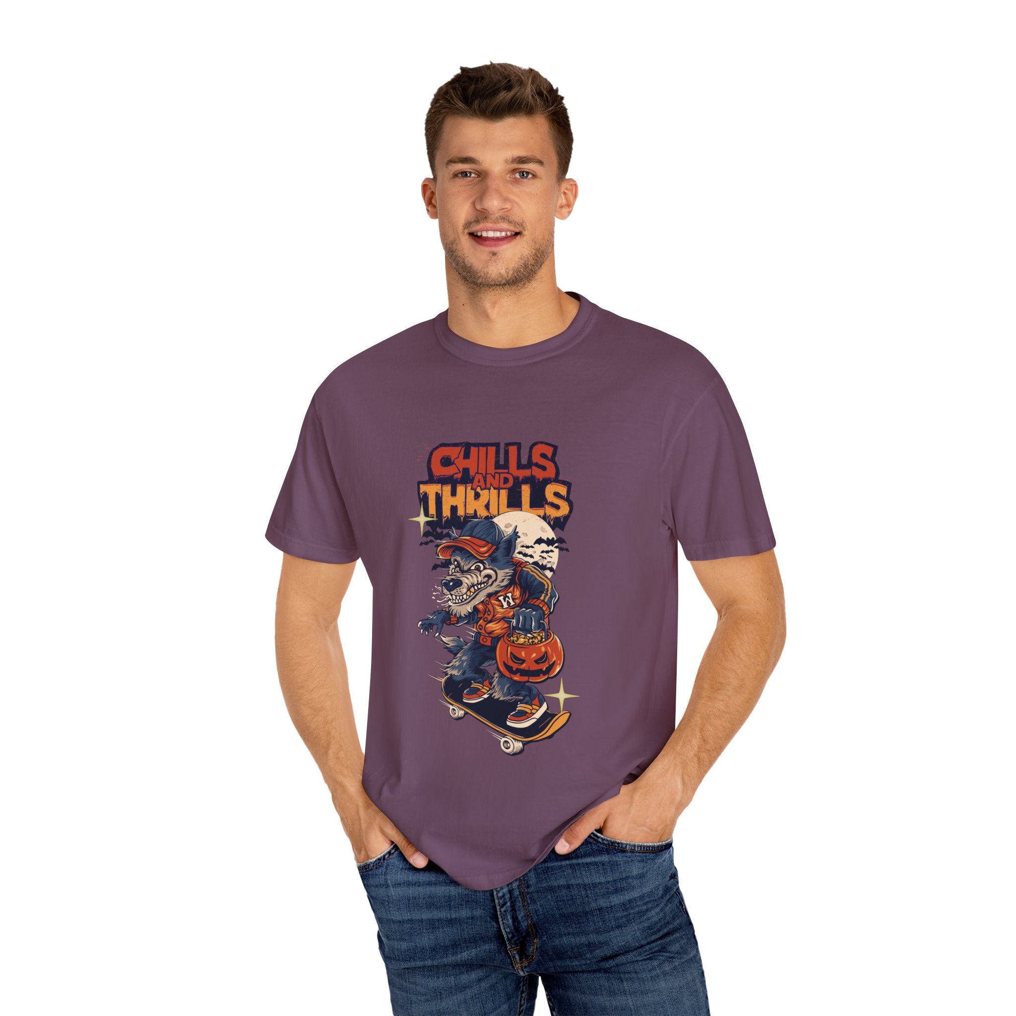 Chills and Thrills Graphic T-Shirt, Unisex Tee, Halloween Apparel, Skateboarder Shirt, Spooky Casual Wear, Perfect Gift for Fall