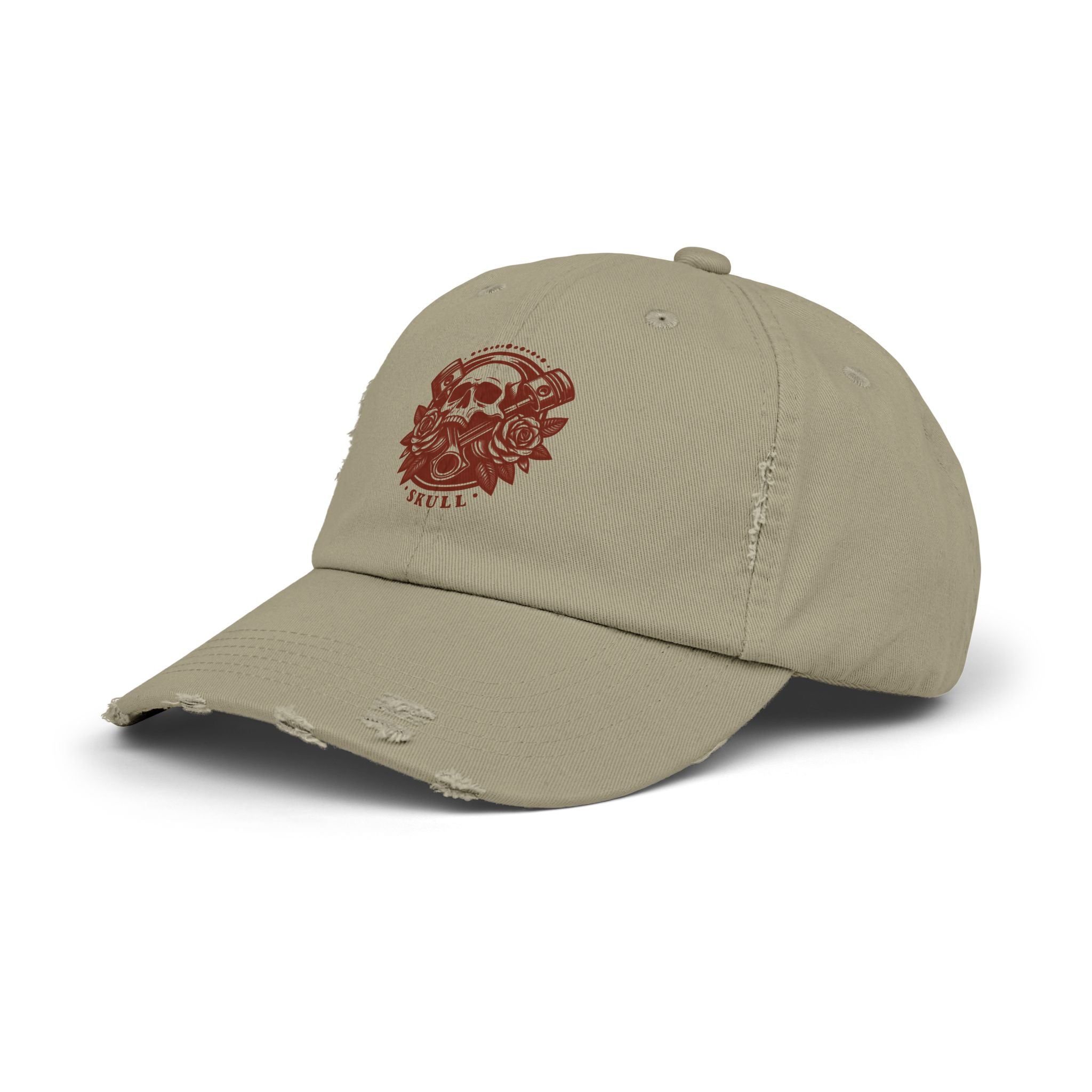 Distressed Skull & Roses Baseball Cap — Vintage Beige Dad Hat