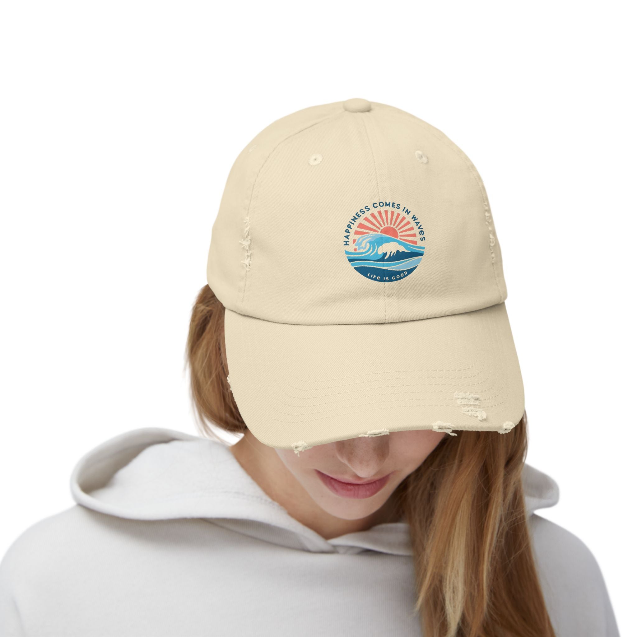 Distressed Black Cap — 'Gone to the Beach' Retro Sunrise Embroidered Hat