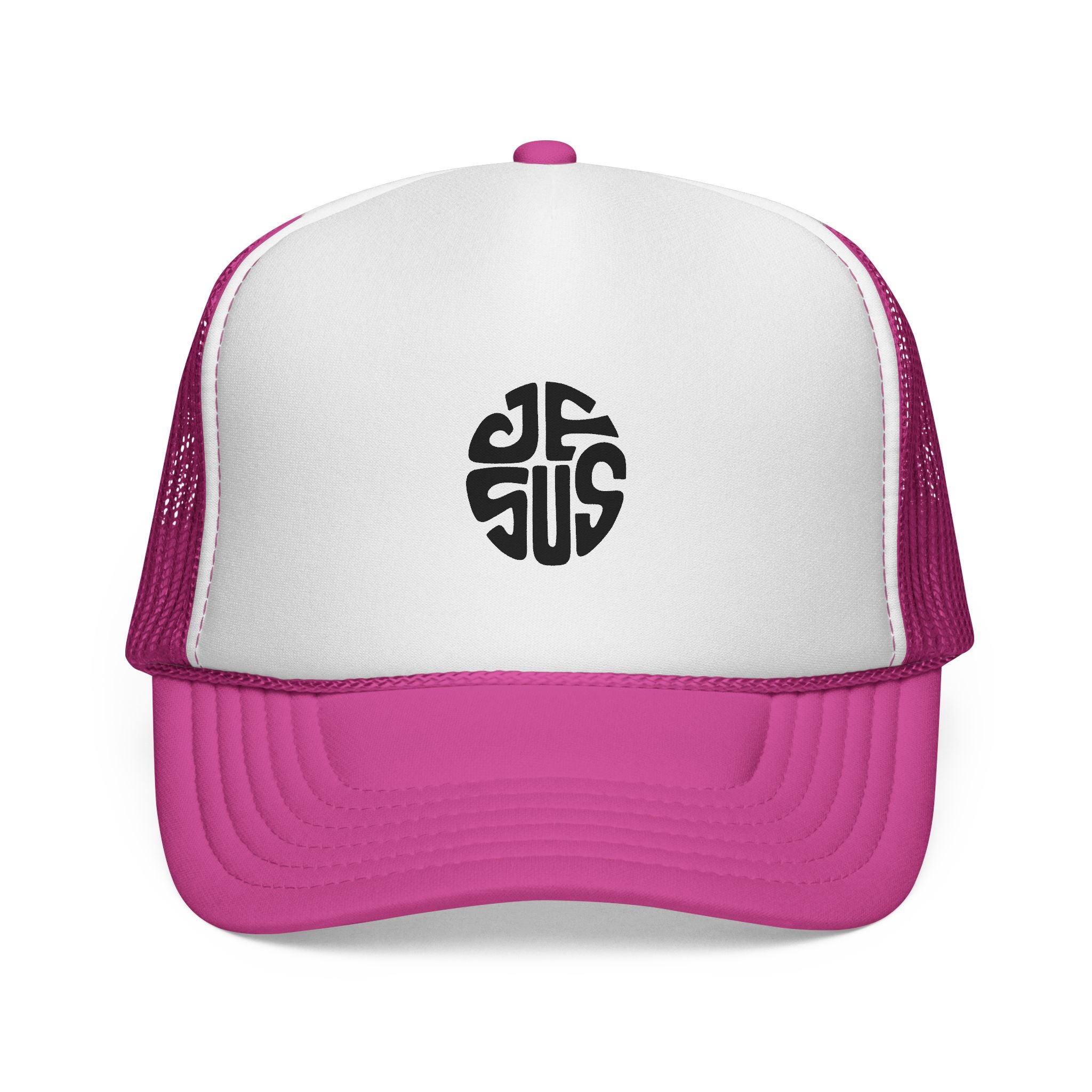 Trucker Cap — Retro Circular “JESUS” Logo Embroidered Hat
