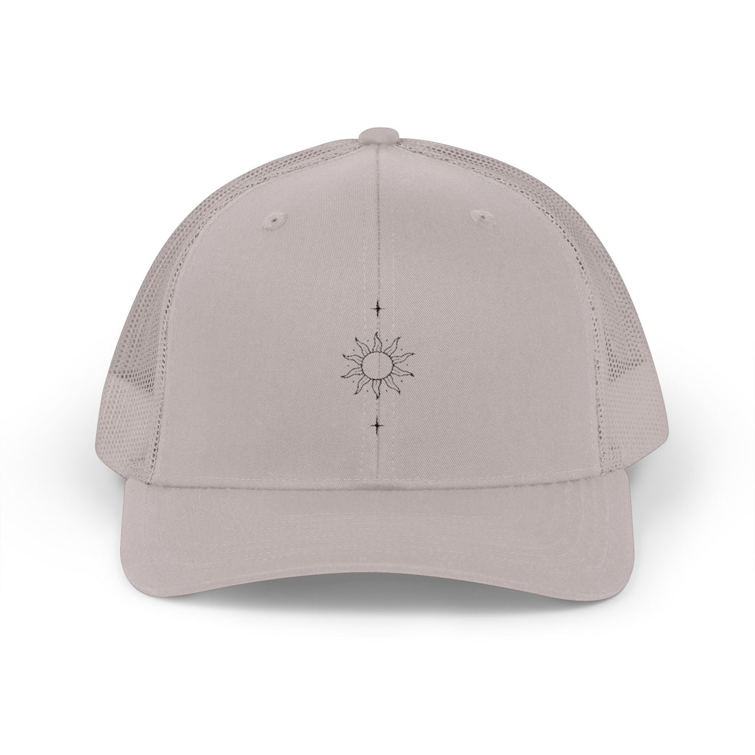 Minimal Sun Compass Trucker Cap — Embroidered Tiny Sun & Compass Mesh Snapback