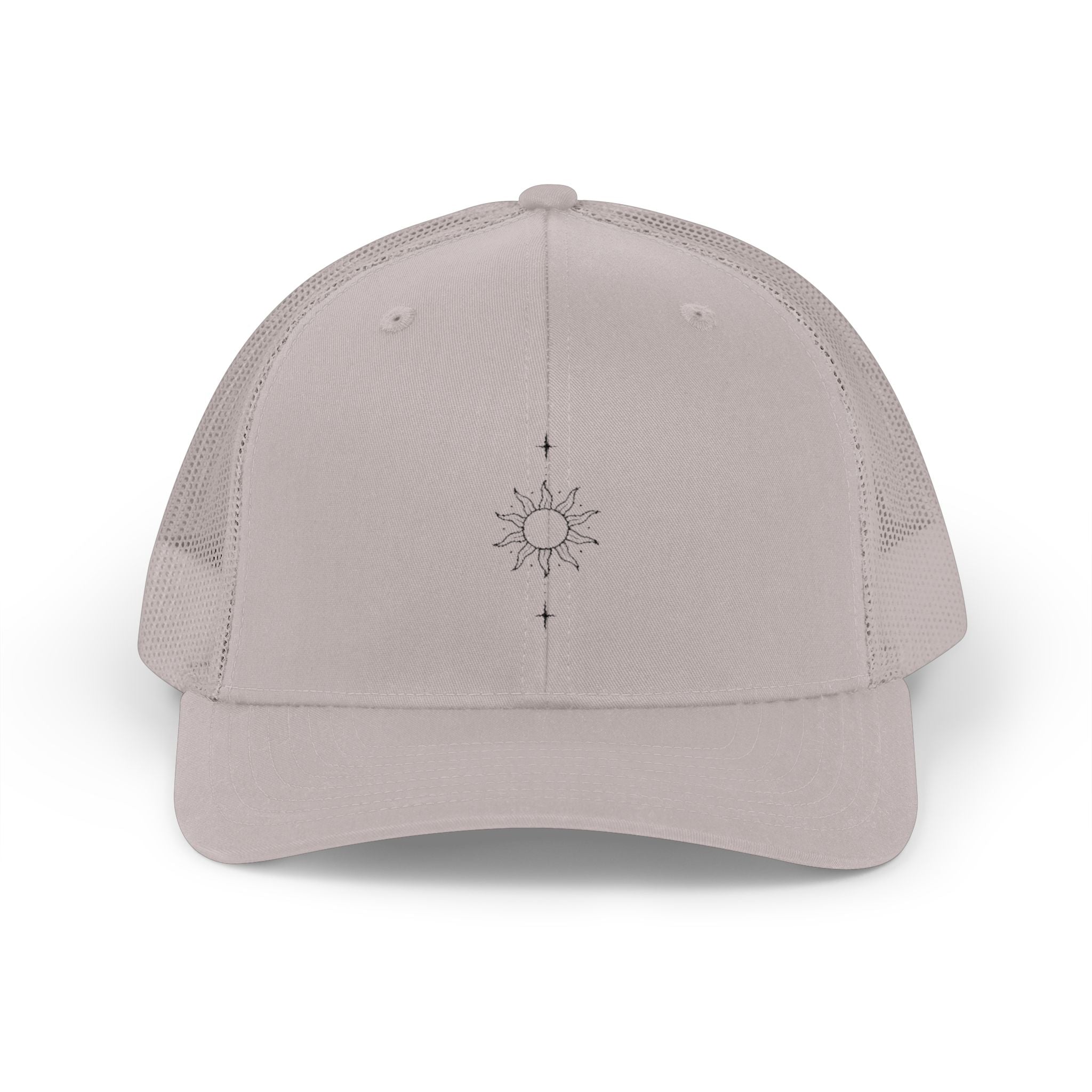 Minimal Sun Compass Trucker Cap — Embroidered Tiny Sun & Compass Mesh Snapback