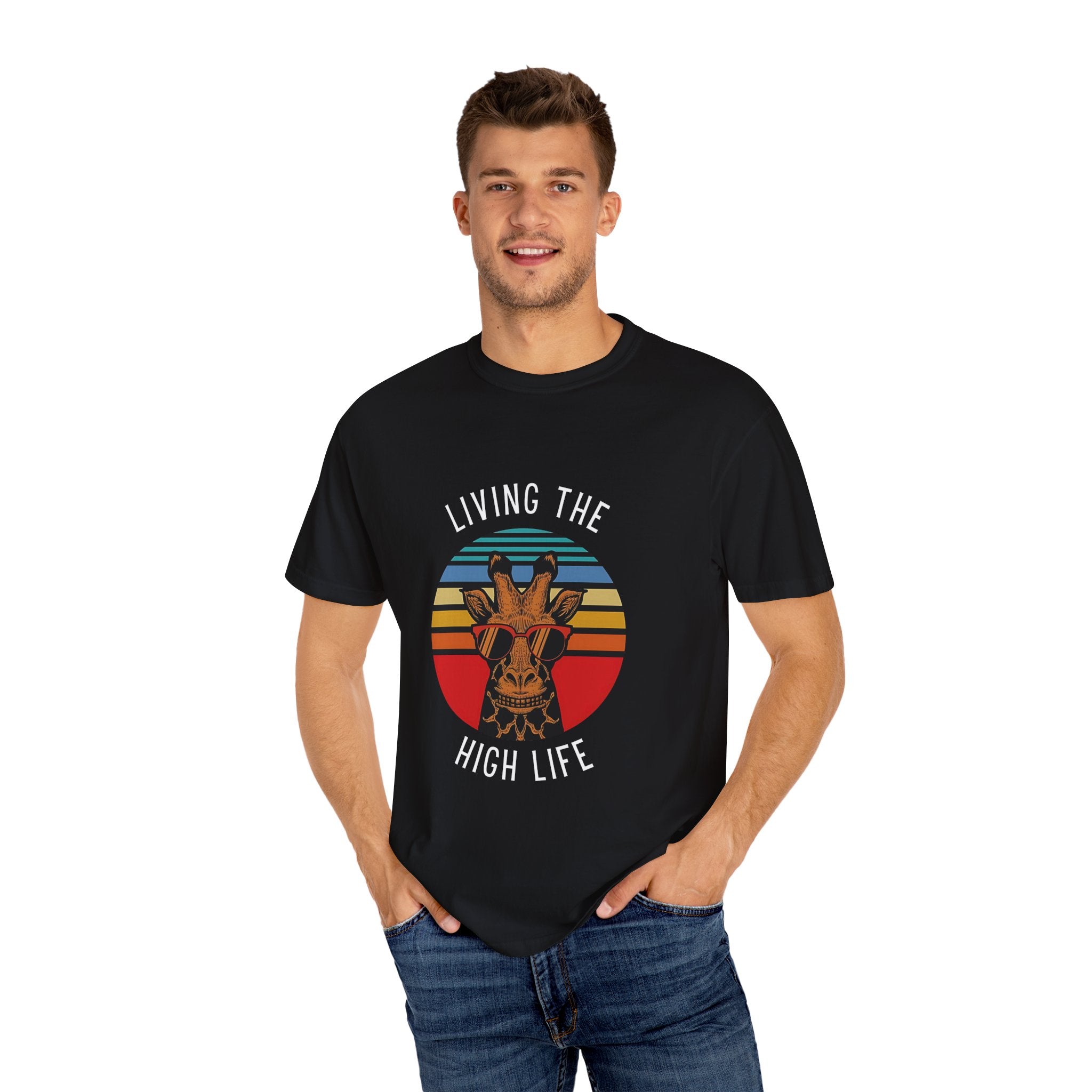 Living The High Life Giraffe T-Shirt | Unisex Garment-Dyed Tee, Trendy Animal Shirt, Birthday Gift, Casual Wear, Summer Style
