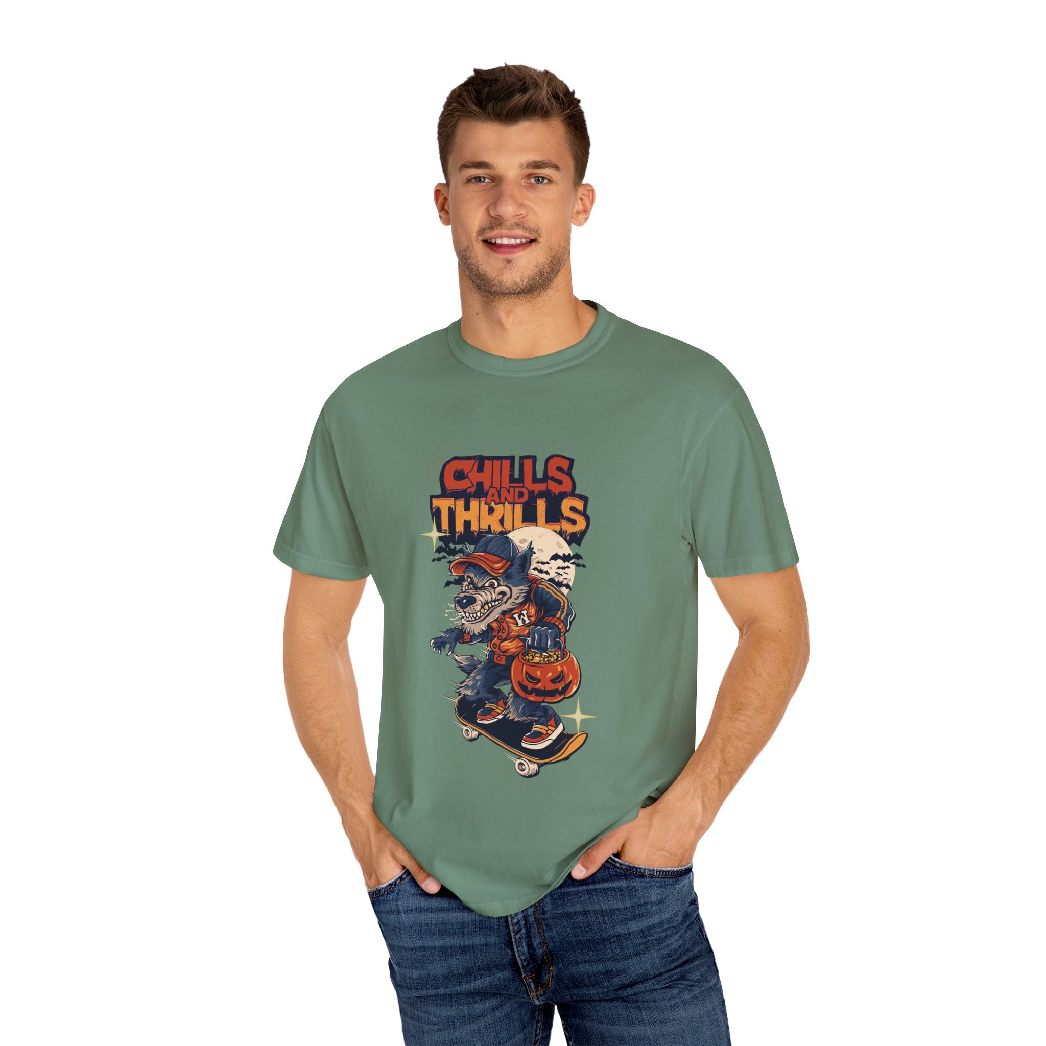 Chills and Thrills Graphic T-Shirt, Unisex Tee, Halloween Apparel, Skateboarder Shirt, Spooky Casual Wear, Perfect Gift for Fall