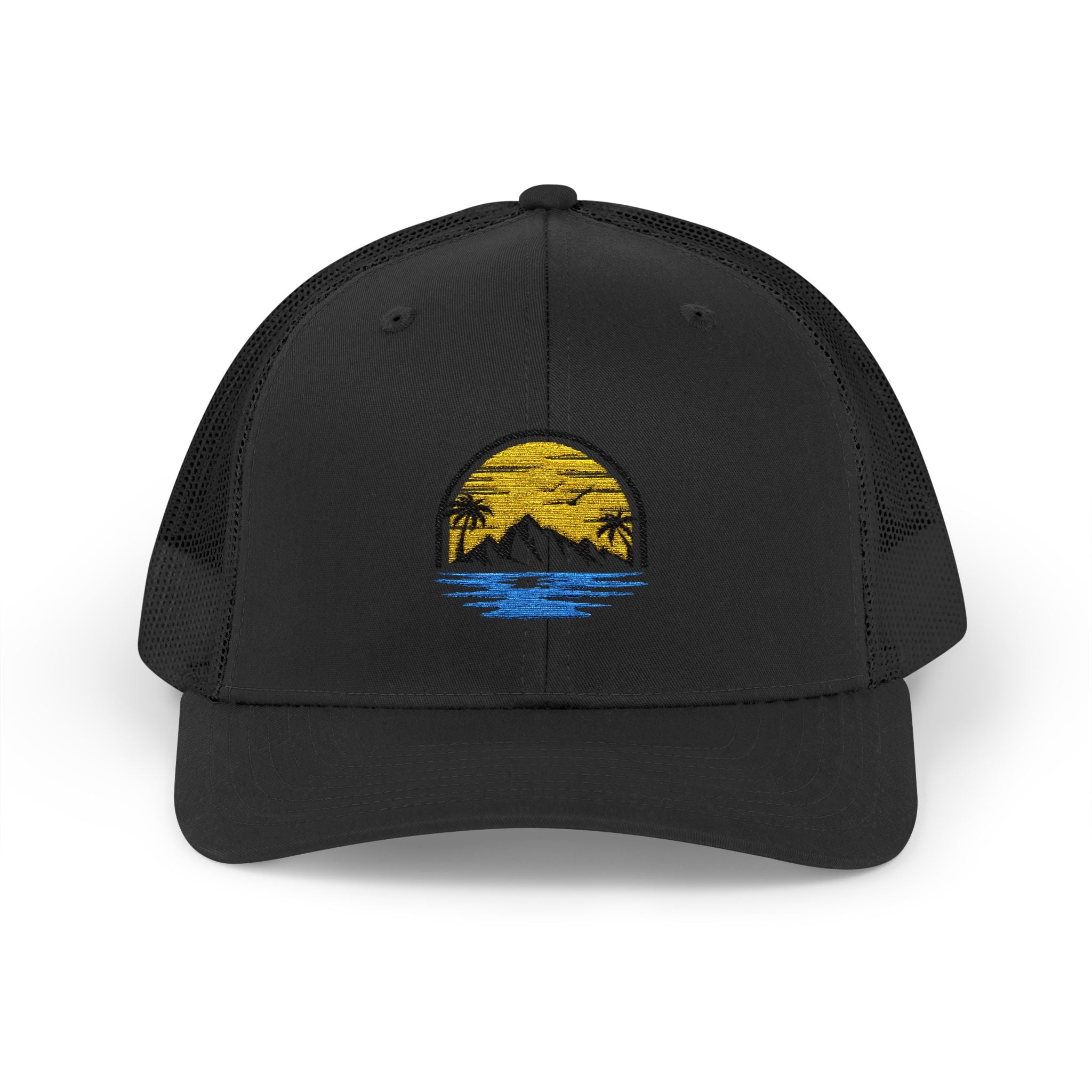 Trucker Cap — Embroidered Sunset Mountain & Ocean Patch
