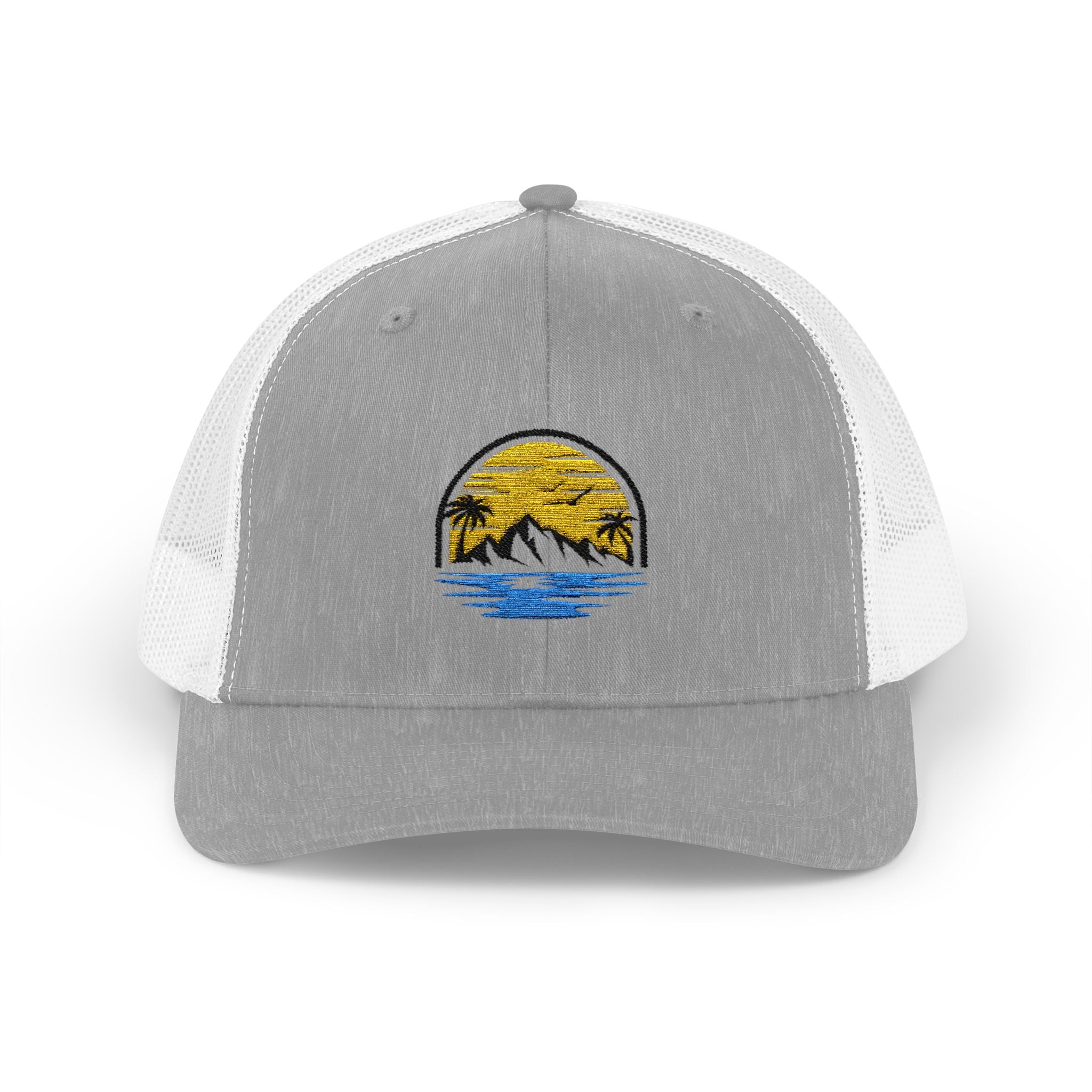 Trucker Cap — Embroidered Sunset Mountain & Ocean Patch