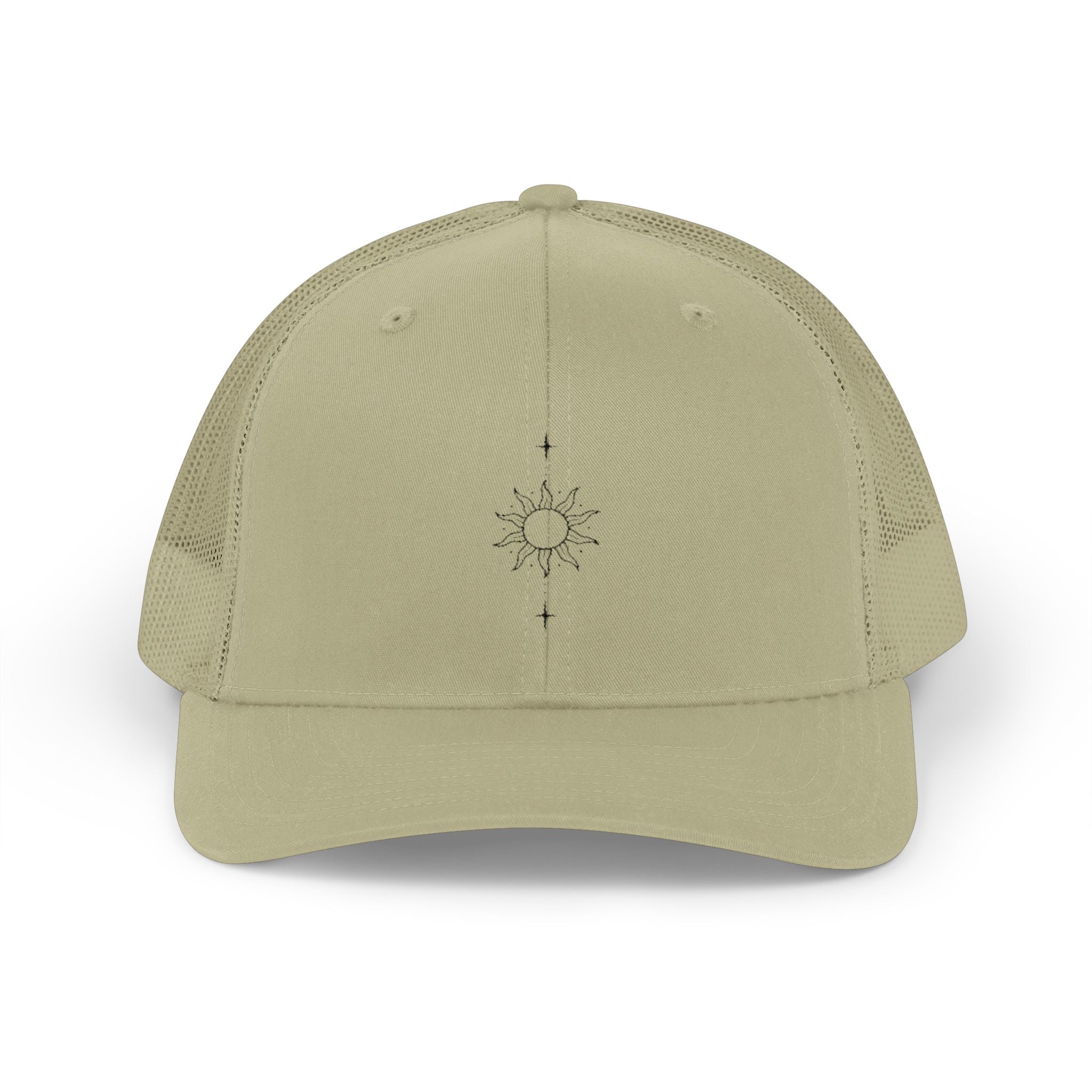 Minimal Sun Compass Trucker Cap — Embroidered Tiny Sun & Compass Mesh Snapback