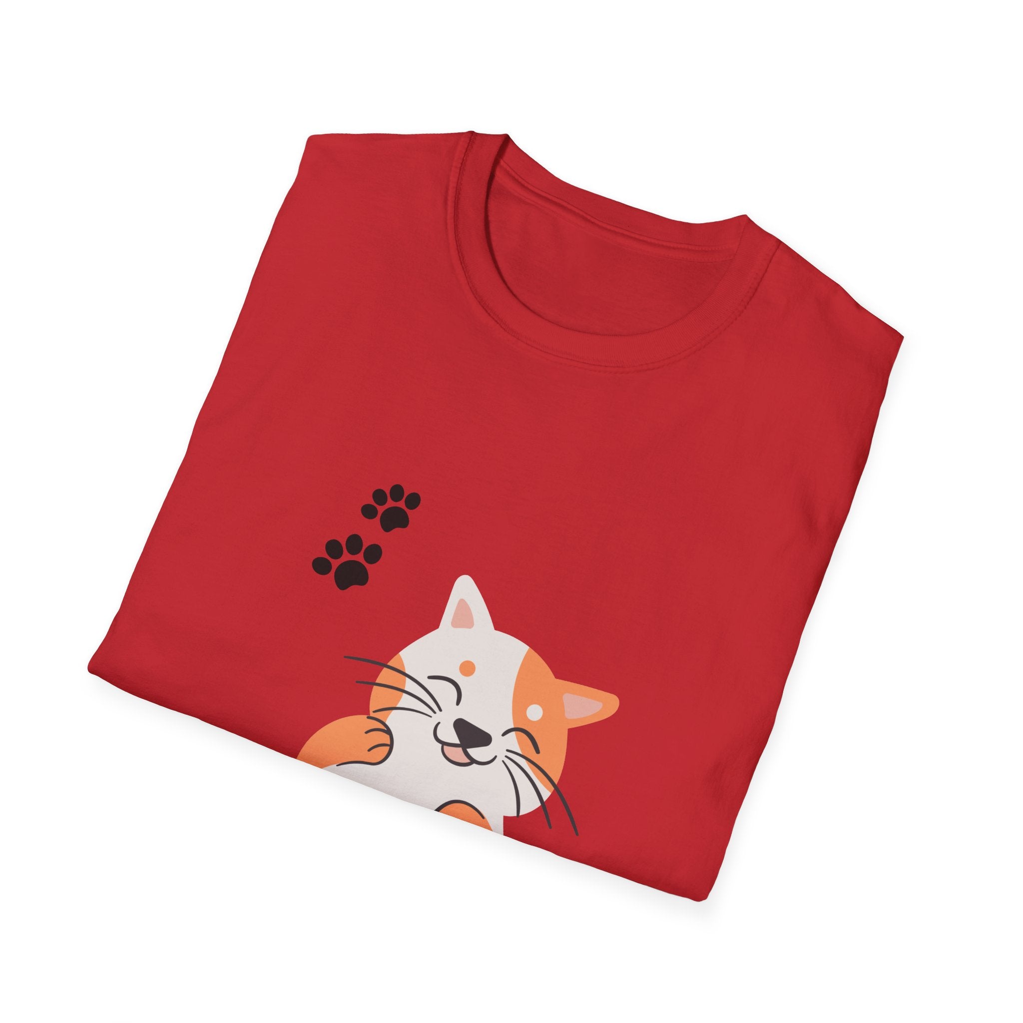 Cute Paw-Print Cat T-Shirt — Smiling Calico Kitten Graphic Tee for Cat Lovers