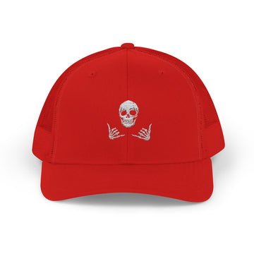 Skull Shaka Snapback Trucker Cap — Rhinestone Skull & Shaka Hands Trucker Hat