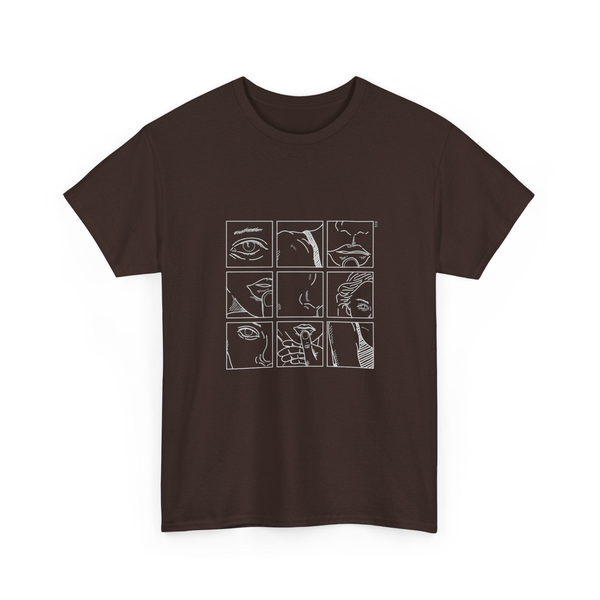 Graphic Tee — 'Here' Block Letter Design with Abstract Faces