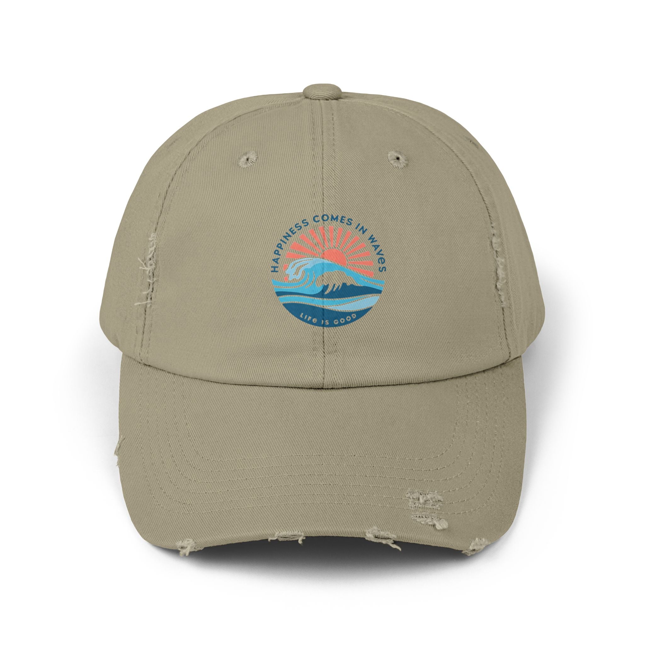 Distressed Black Cap — 'Gone to the Beach' Retro Sunrise Embroidered Hat