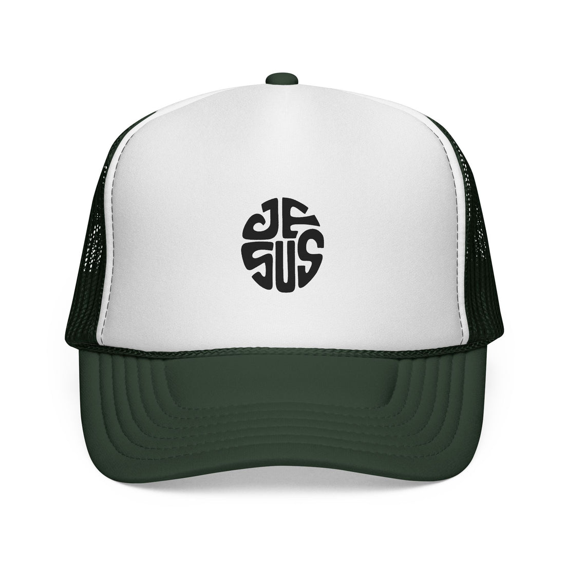 Trucker Cap — Retro Circular “JESUS” Logo Embroidered Hat