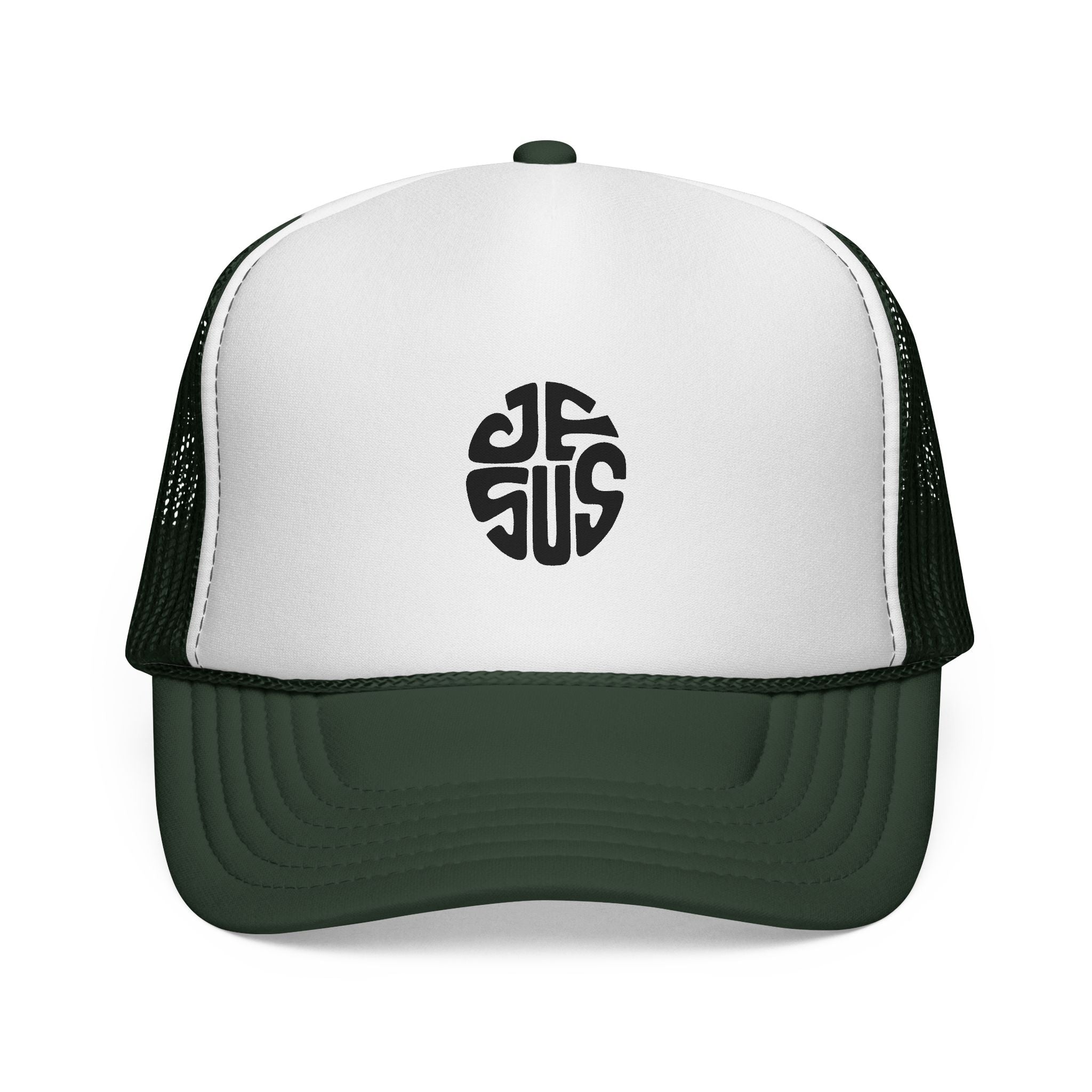 Trucker Cap — Retro Circular “JESUS” Logo Embroidered Hat