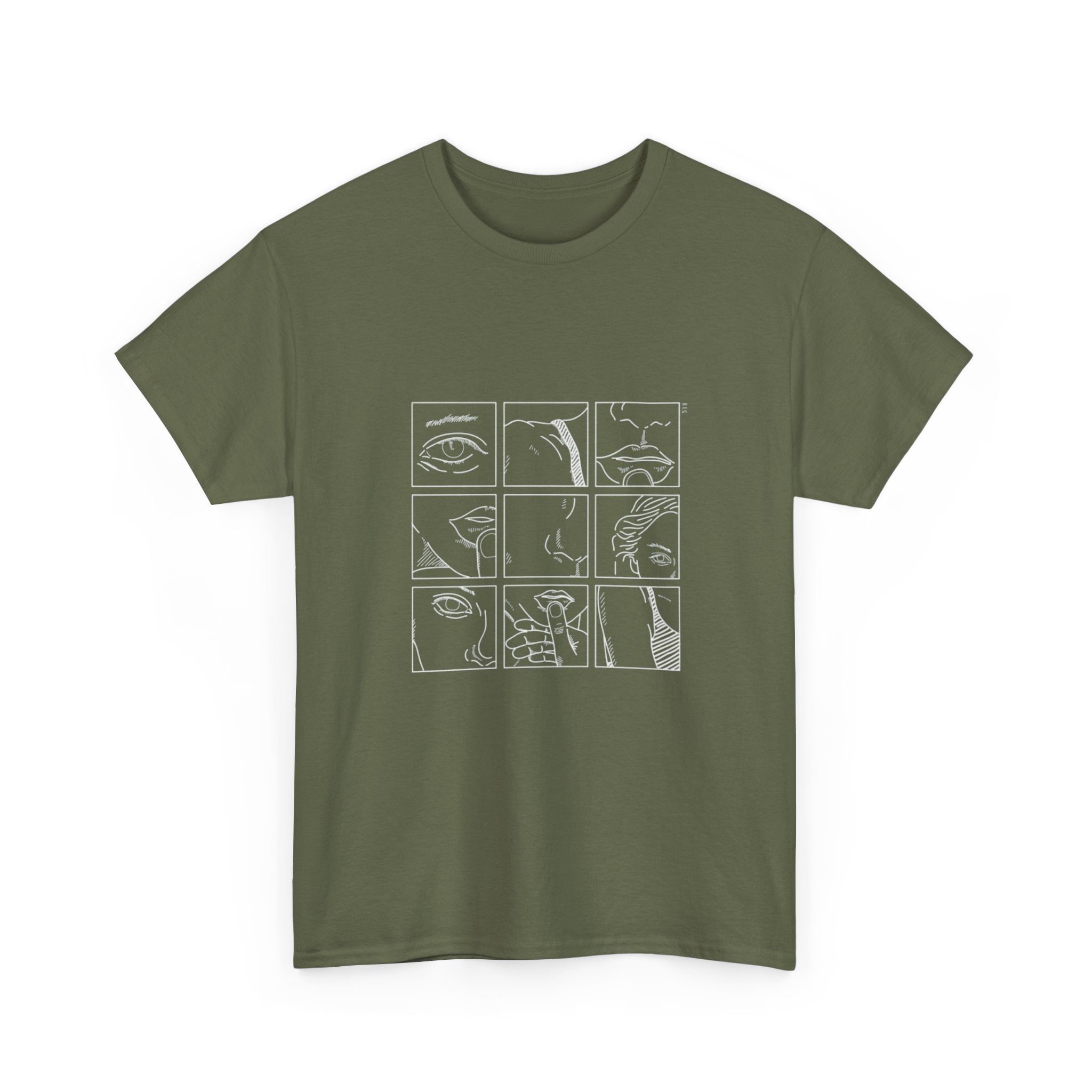 Graphic Tee — 'Here' Block Letter Design with Abstract Faces