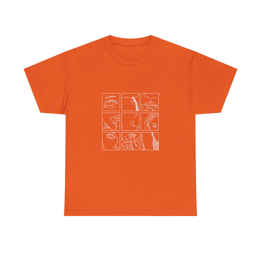 Graphic Tee — 'Here' Block Letter Design with Abstract Faces