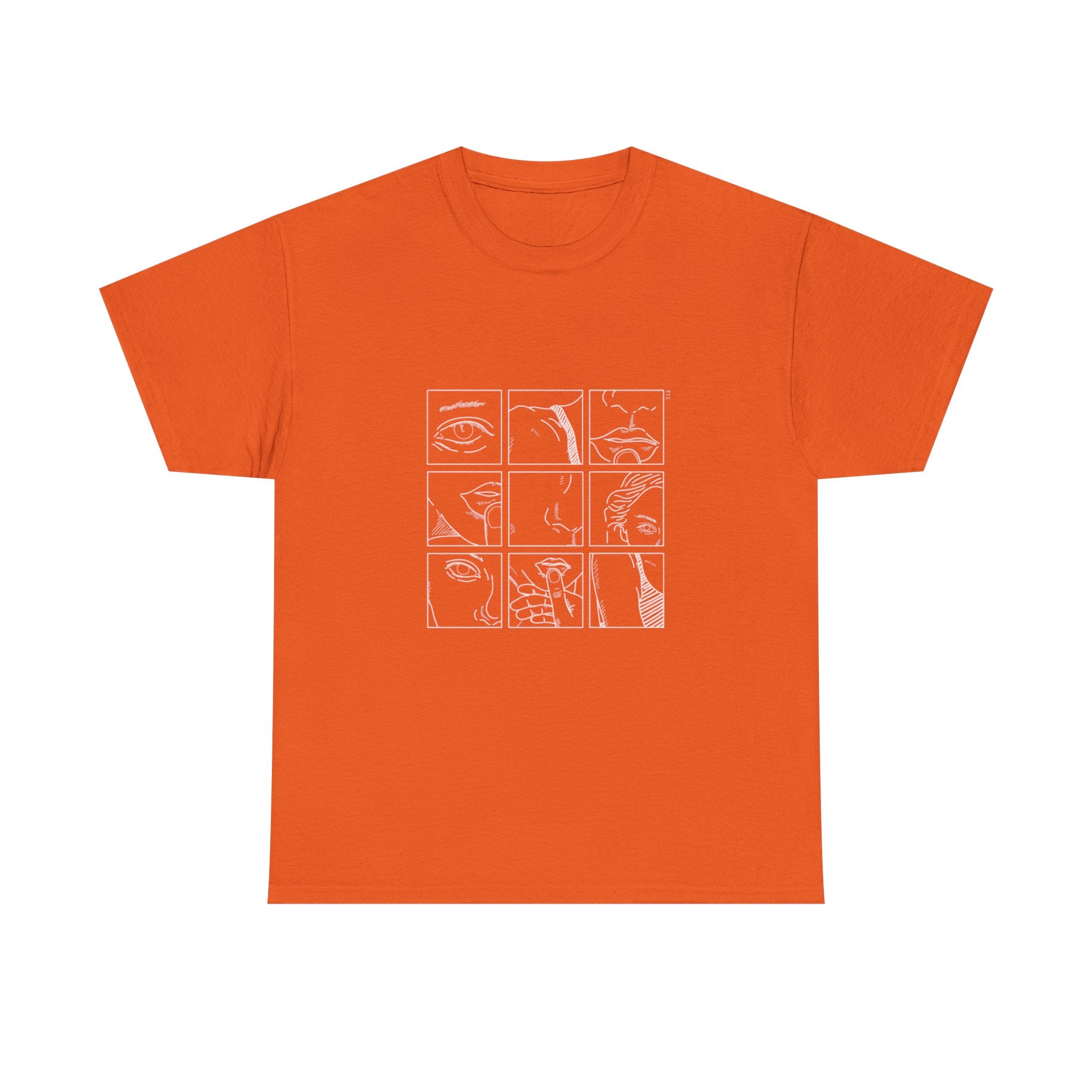 Graphic Tee — 'Here' Block Letter Design with Abstract Faces