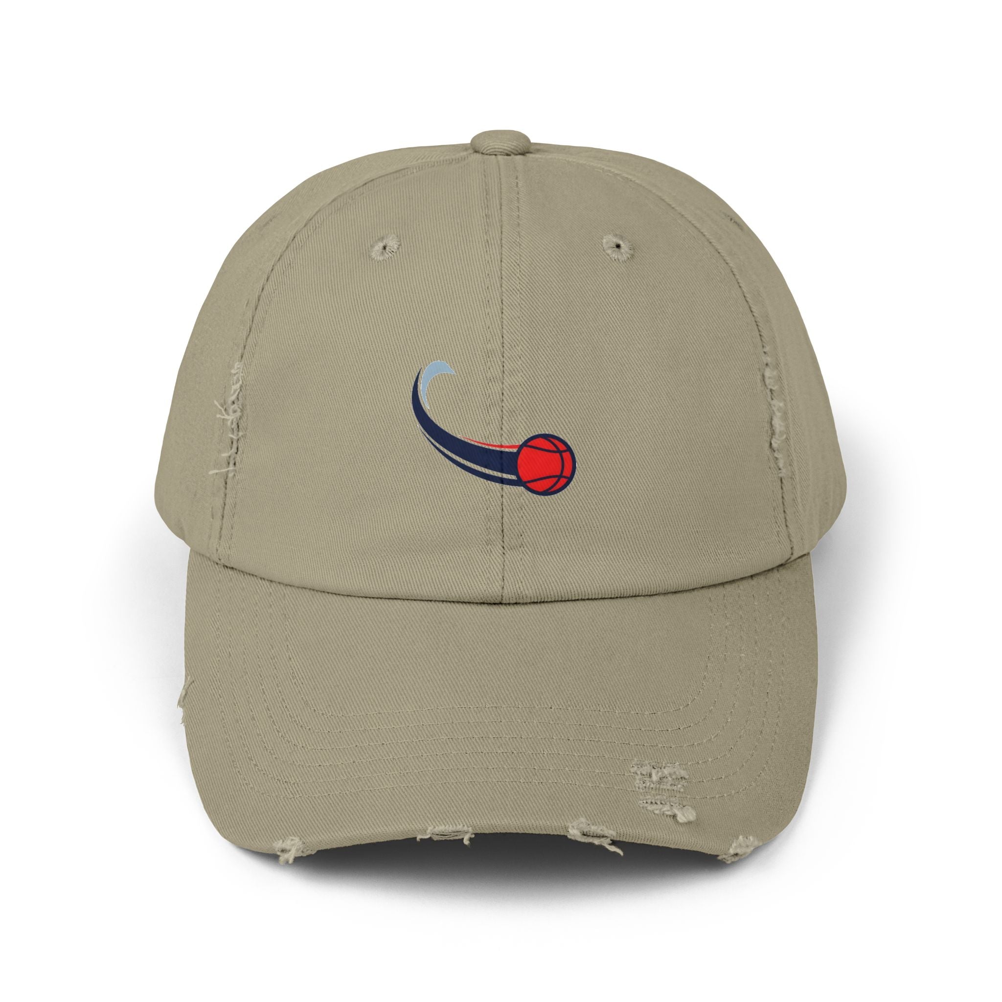 Distressed Baseball Cap with Red Swirl Ball Embroidered Design