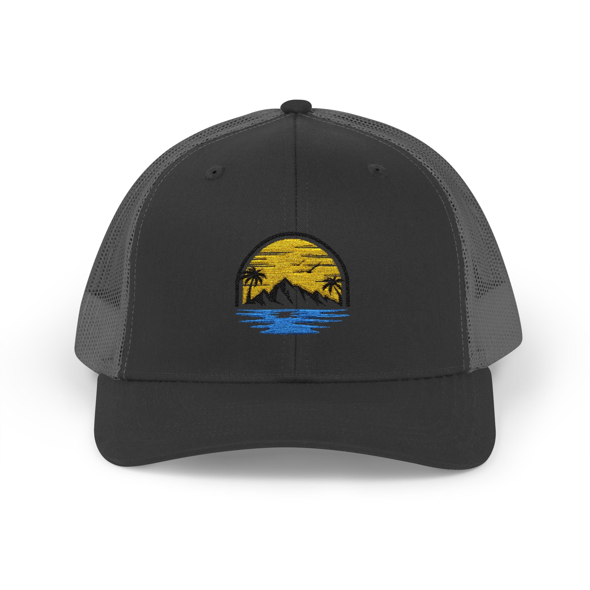 Trucker Cap — Embroidered Sunset Mountain & Ocean Patch