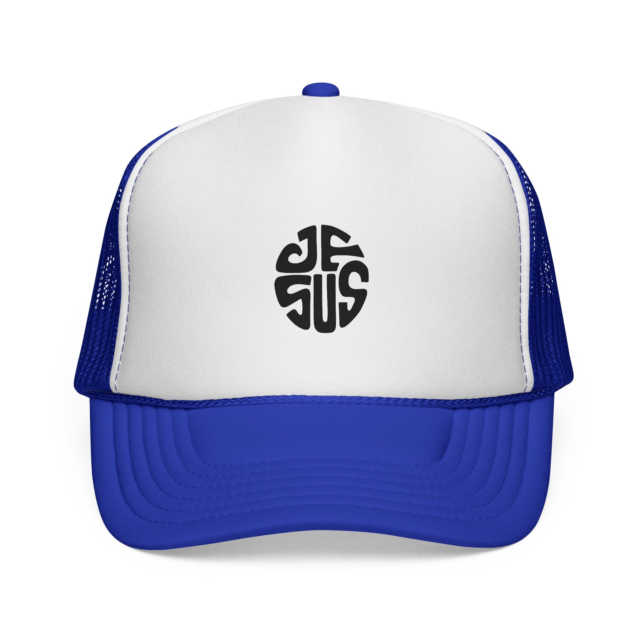Trucker Cap — Retro Circular “JESUS” Logo Embroidered Hat