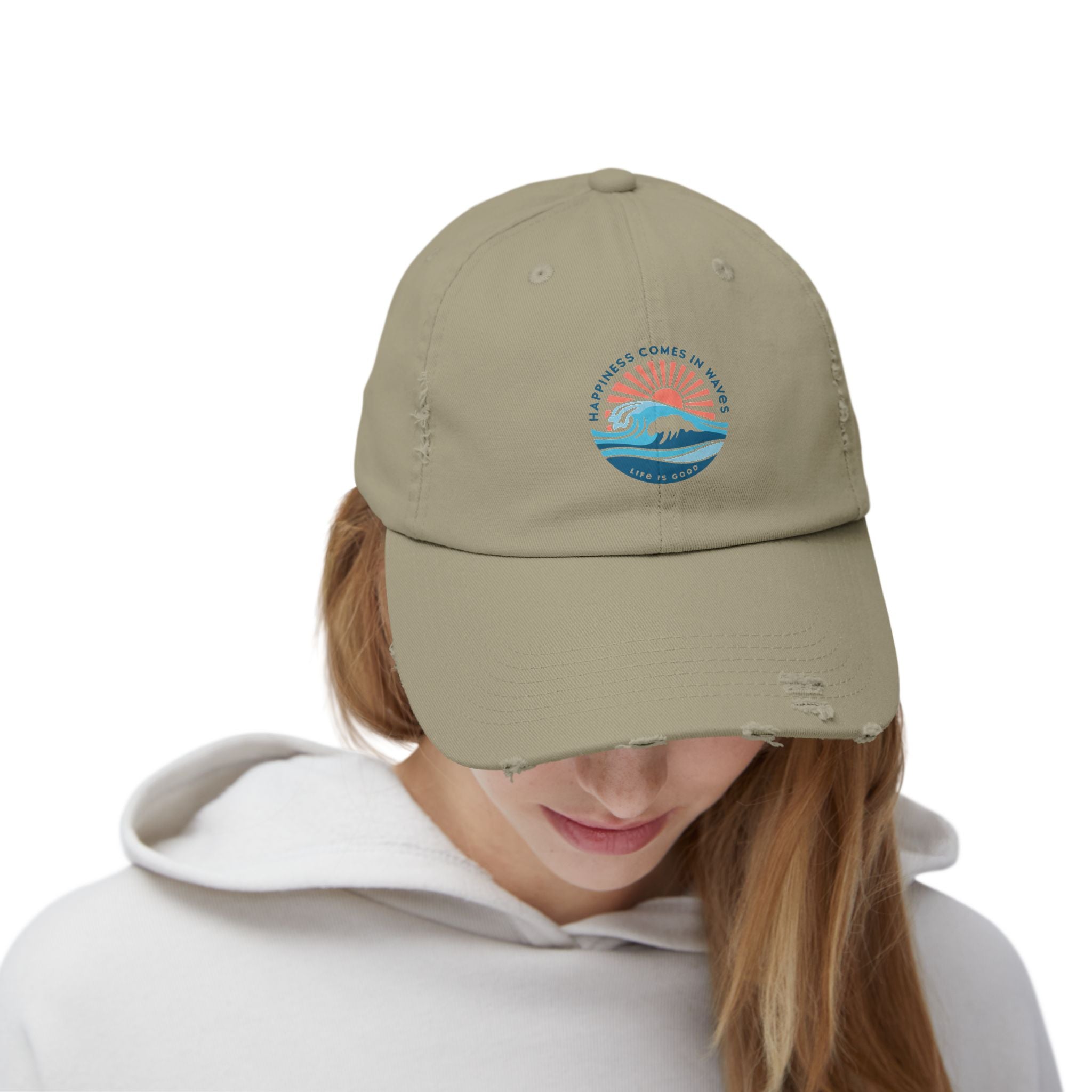 Distressed Black Cap — 'Gone to the Beach' Retro Sunrise Embroidered Hat