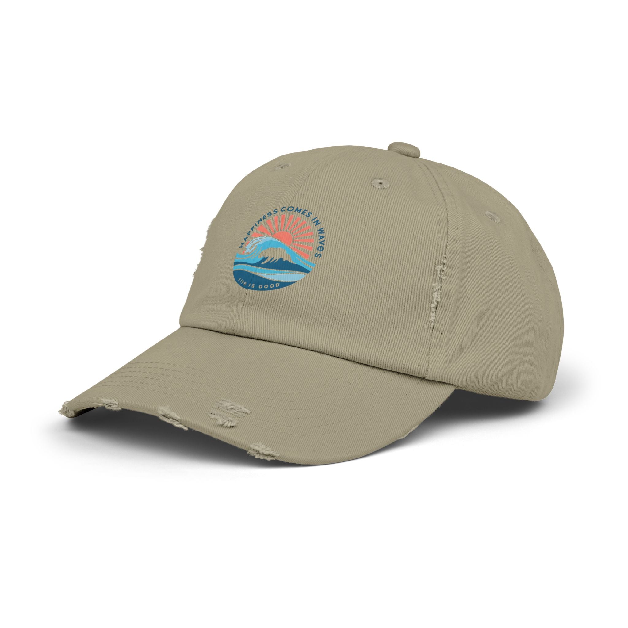 Distressed Black Cap — 'Gone to the Beach' Retro Sunrise Embroidered Hat