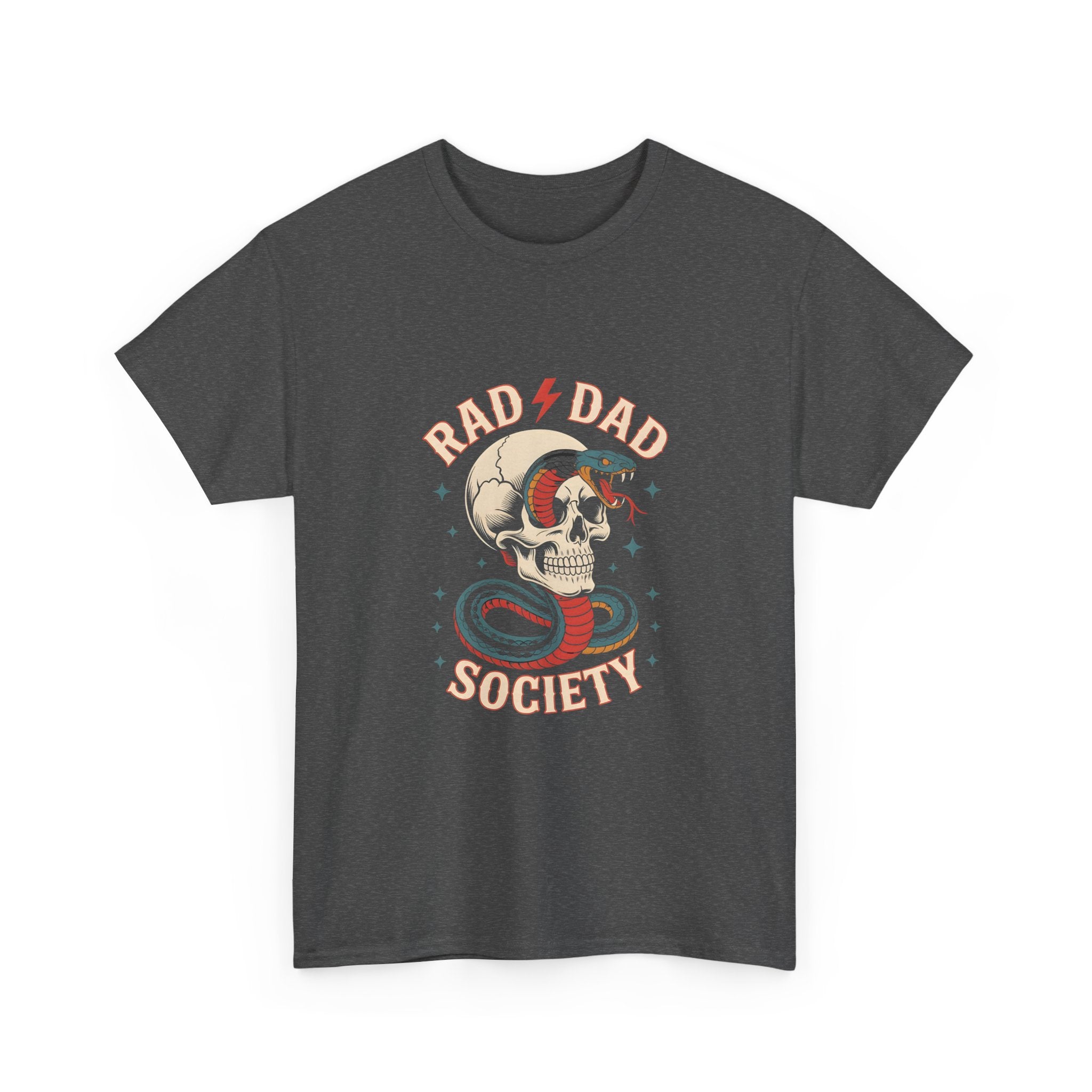 Rad Dad Society Unisex Heavy Cotton Tee, Cool Dad Gift, Vintage Skull Shirt, Perfect for Father's Day, Casual Wear, Fun Gift Idea