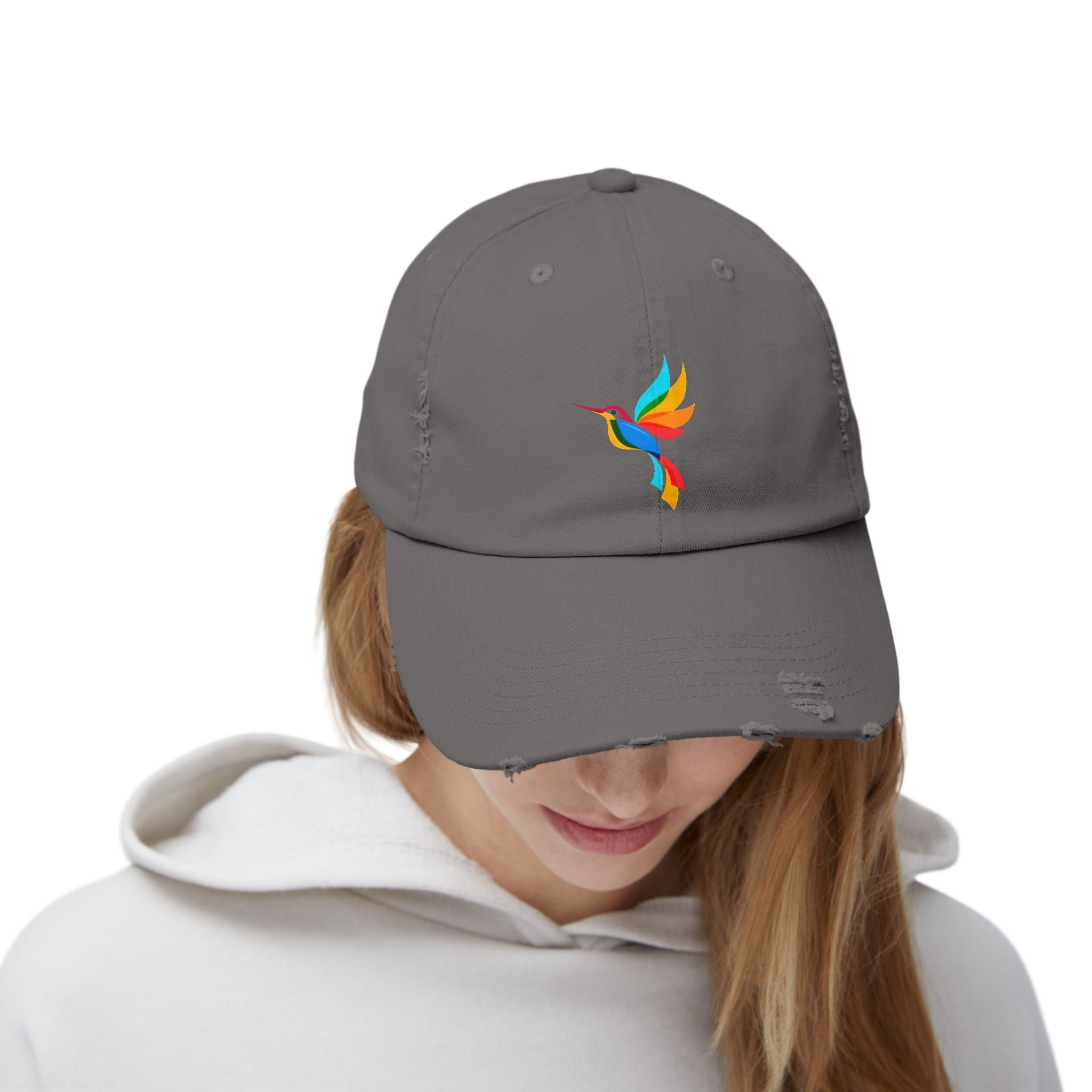 Colorful Hummingbird Unisex Distressed Cap, Casual Summer Hat, Trendy Dad Hat, Outdoor Accessories, Gift for Nature Lovers