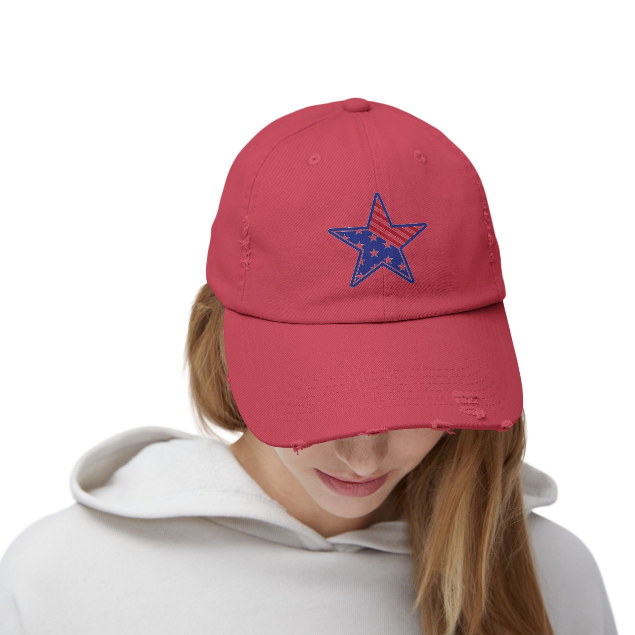 Distressed Baseball Cap with American Flag Star - Patriotic Dad Hat for 4th of July