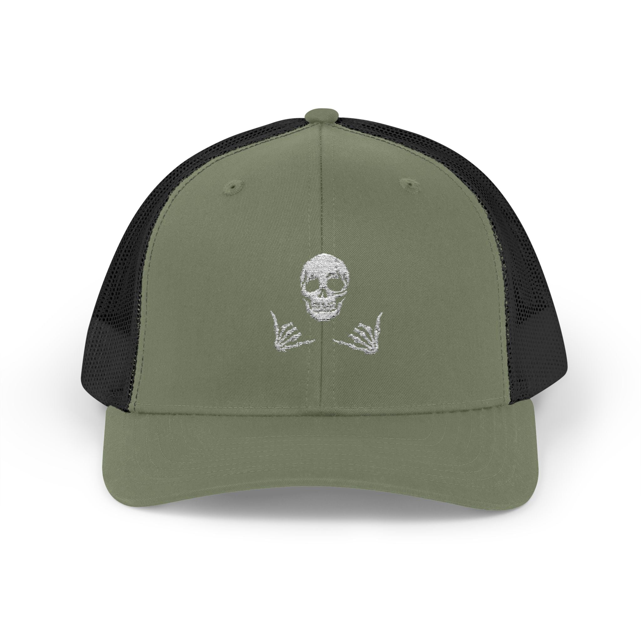 Skull Shaka Snapback Trucker Cap — Rhinestone Skull & Shaka Hands Trucker Hat