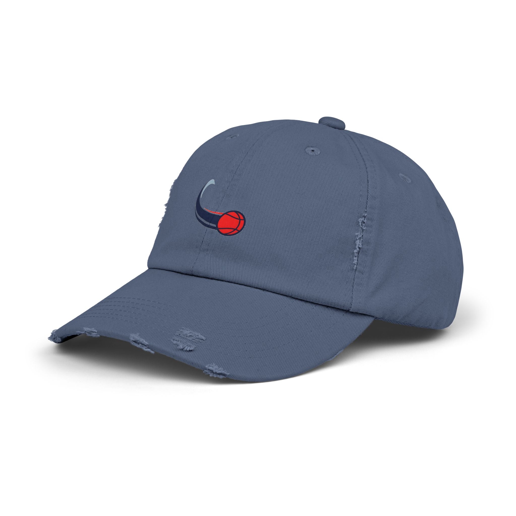 Distressed Baseball Cap with Red Swirl Ball Embroidered Design