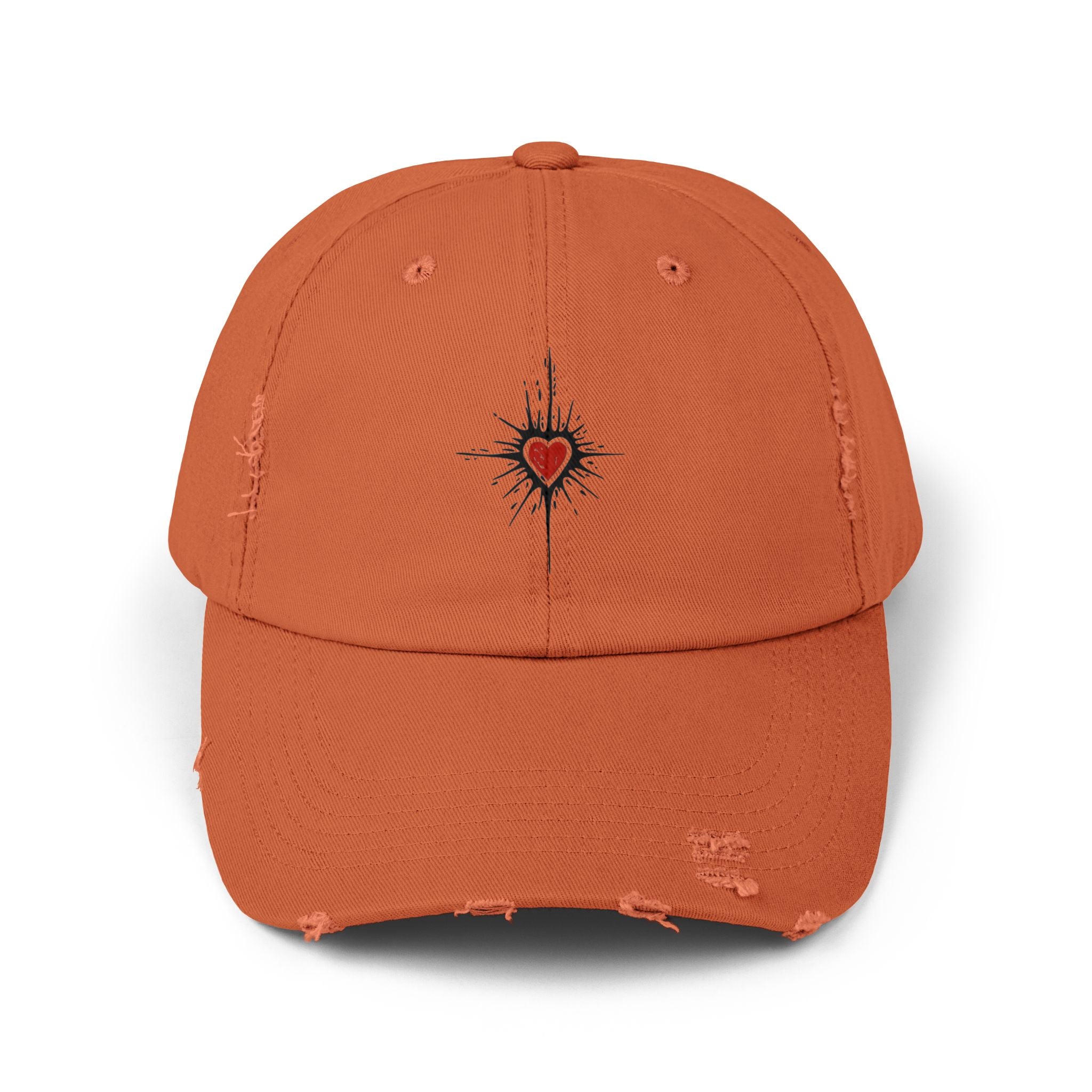 Distressed Baseball Cap — Red Heart Compass Embroidered Dad Hat